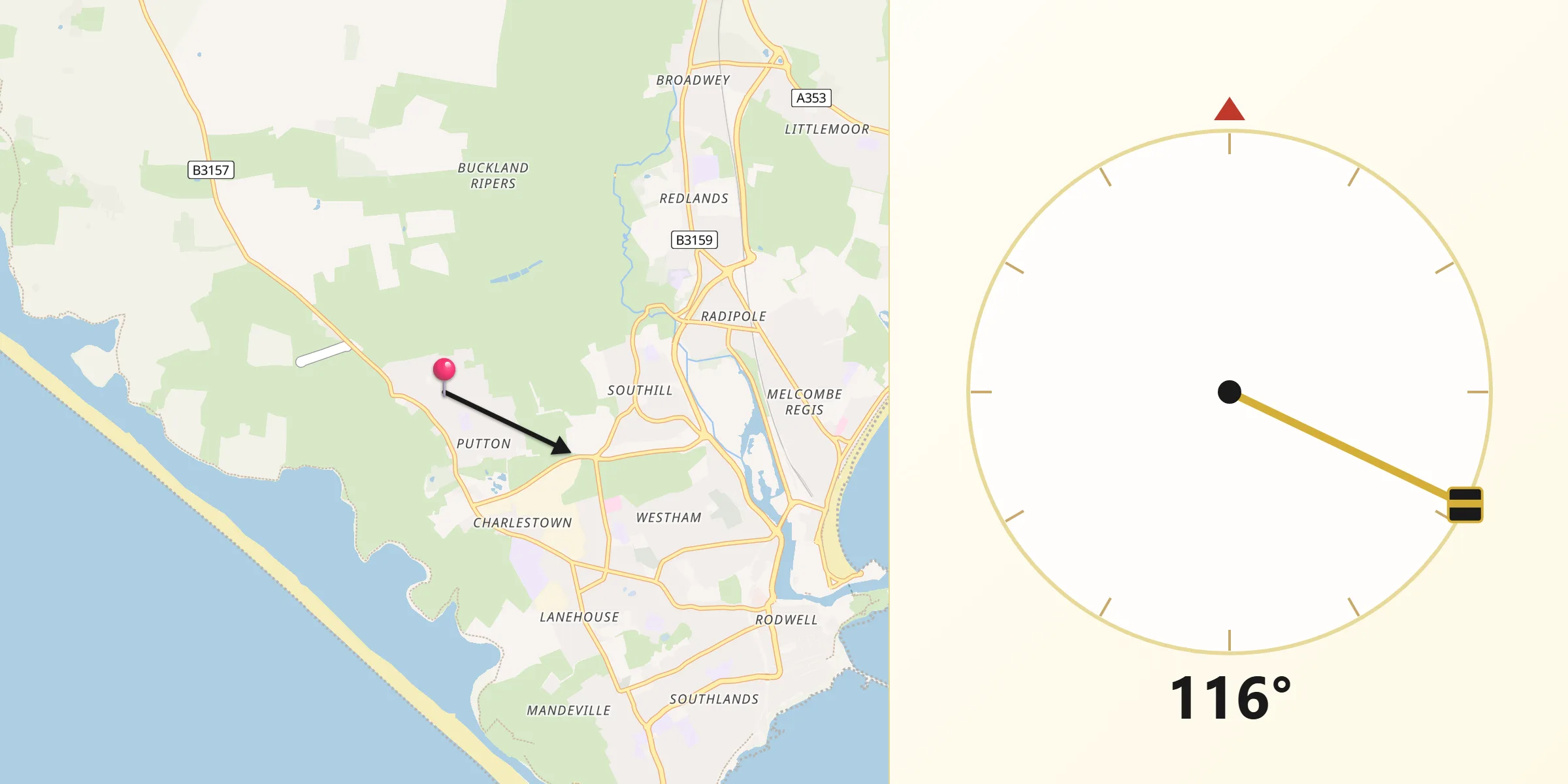 Qibla Direction from Chickerell