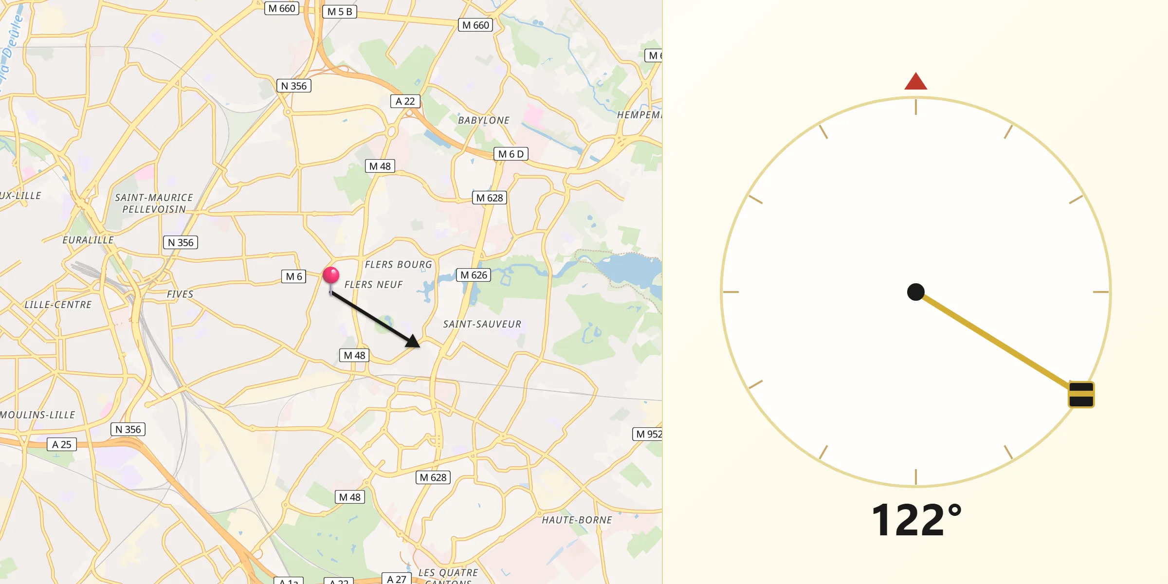 Direction vers la Qibla depuis Mons-en-Barœul
