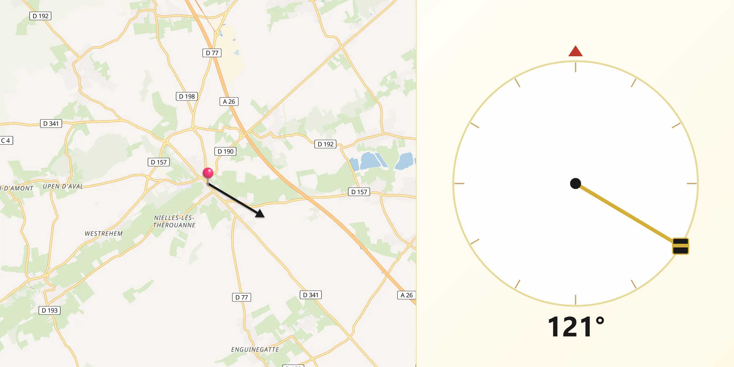 Direction vers la Qibla depuis Thérouanne