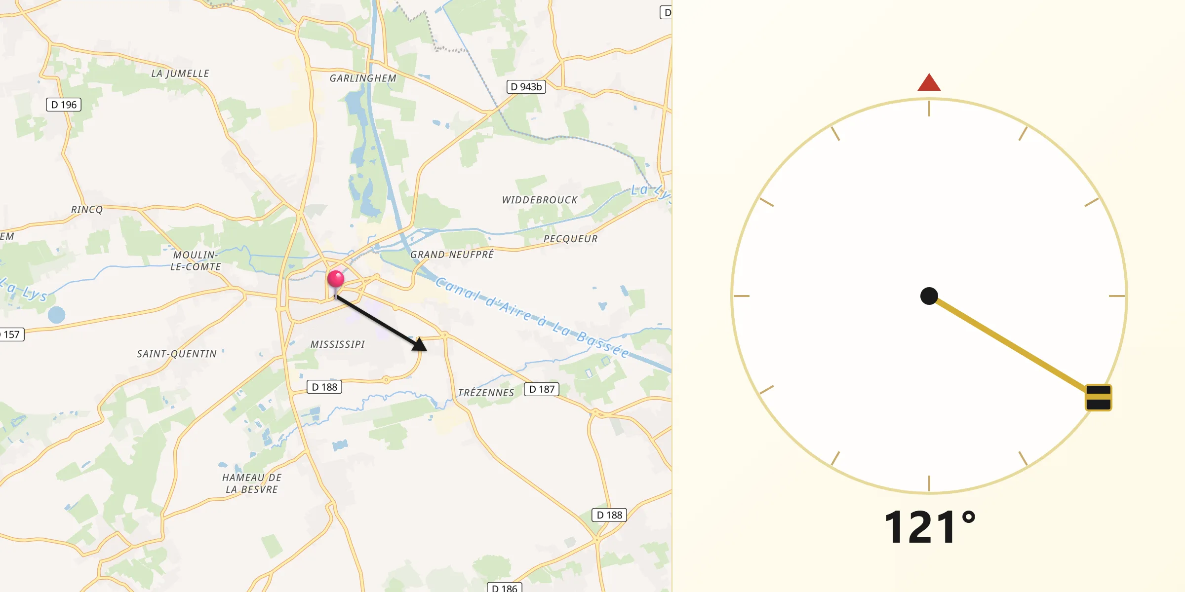 Direction vers la Qibla depuis Aire-sur-la-Lys