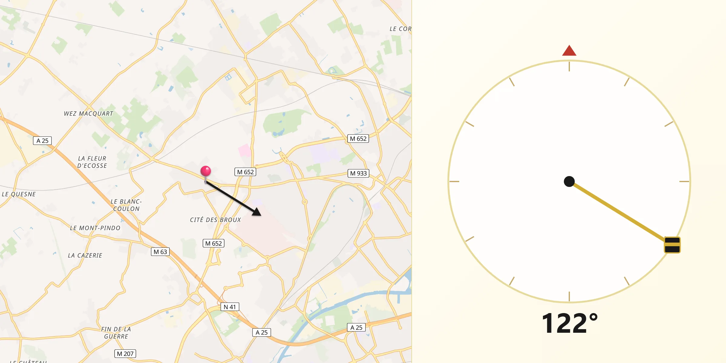 Direction vers la Qibla depuis Capinghem