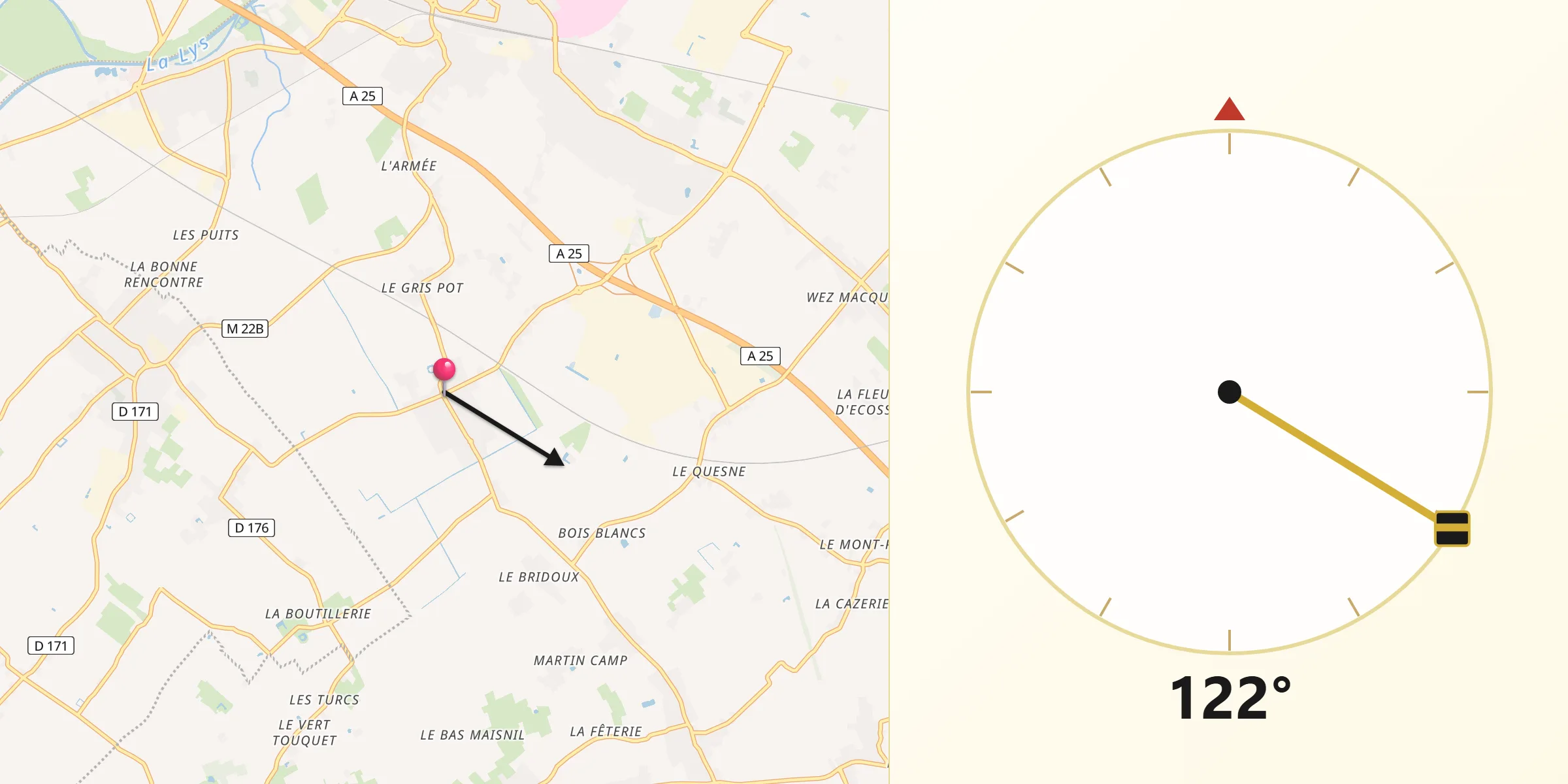 Direction vers la Qibla depuis Bois-Grenier
