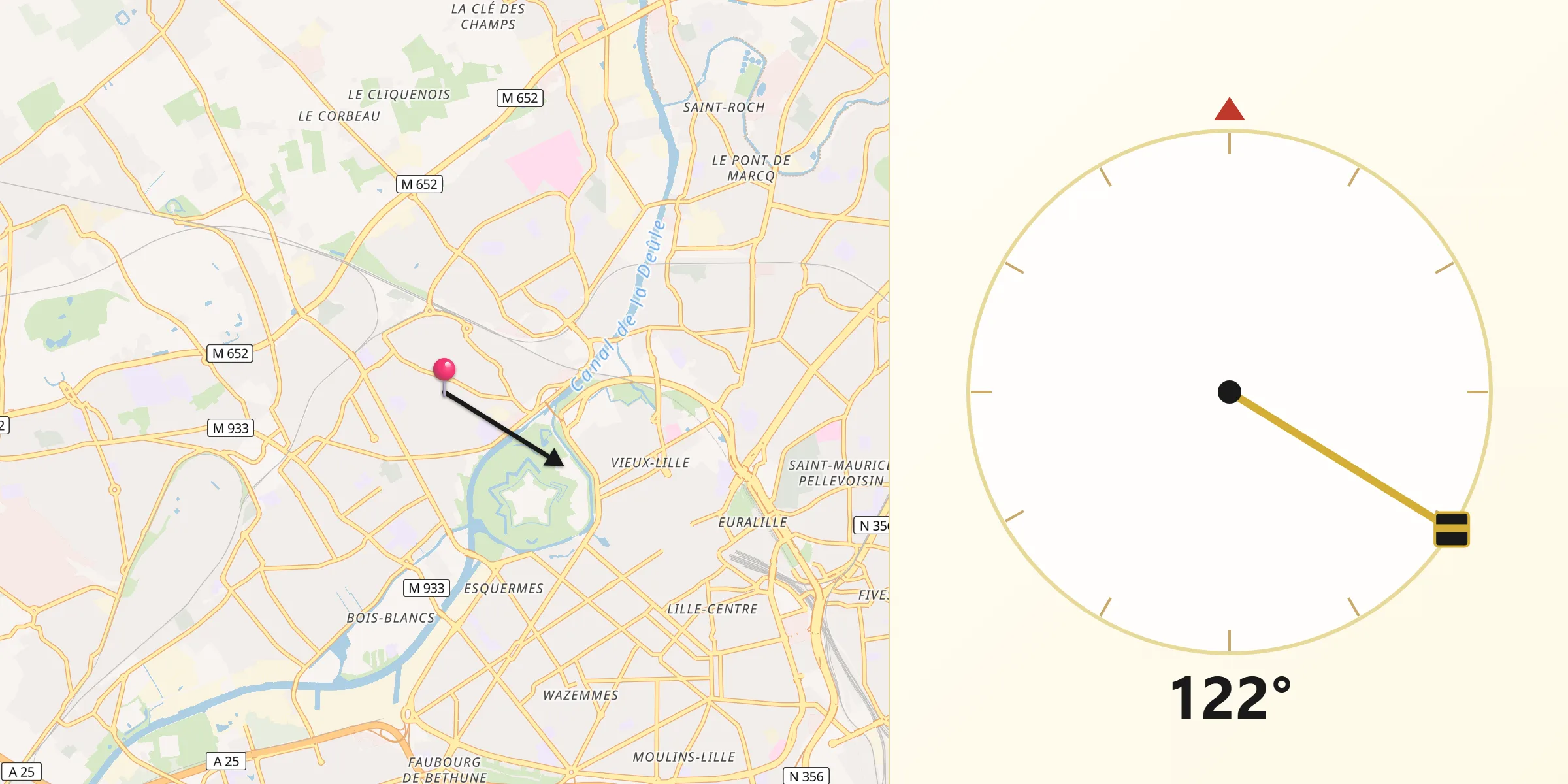 Direction vers la Qibla depuis Lambersart