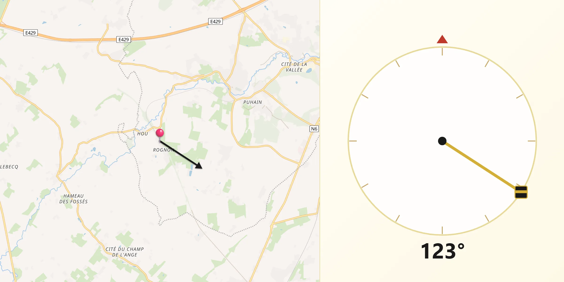 Direction vers la Qibla depuis Rebecq-Rognon
