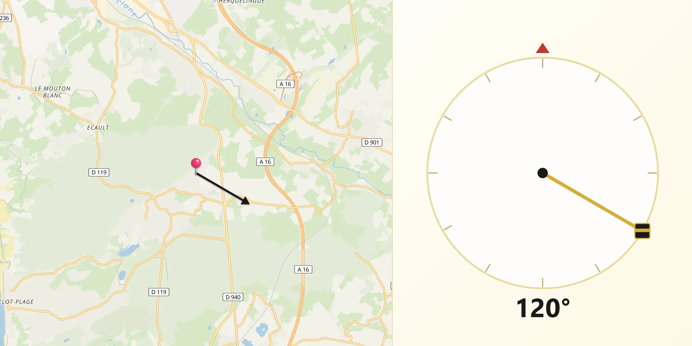 Direction vers la Qibla depuis Condette
