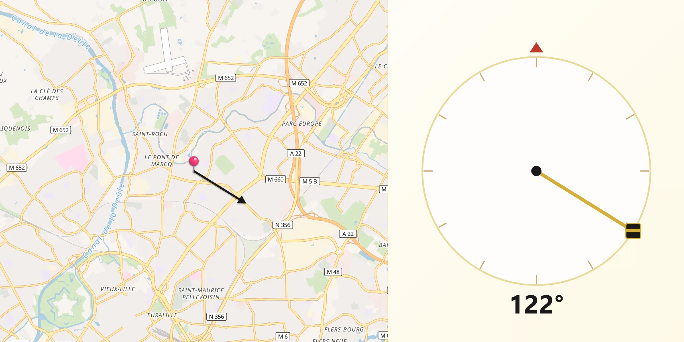 Direction vers la Qibla depuis Marcq-en-Barœul