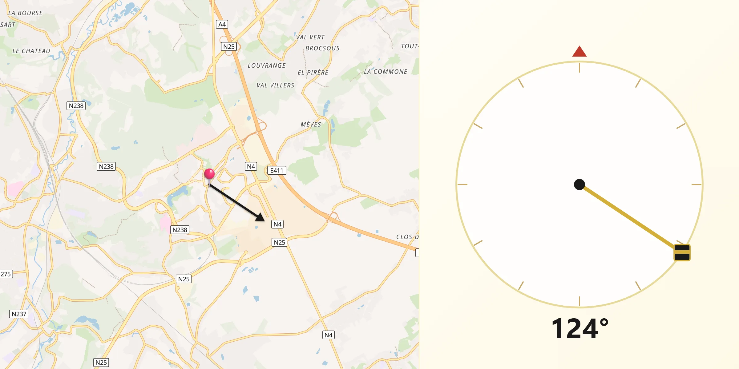Direction vers la Qibla depuis Louvain-la-Neuve