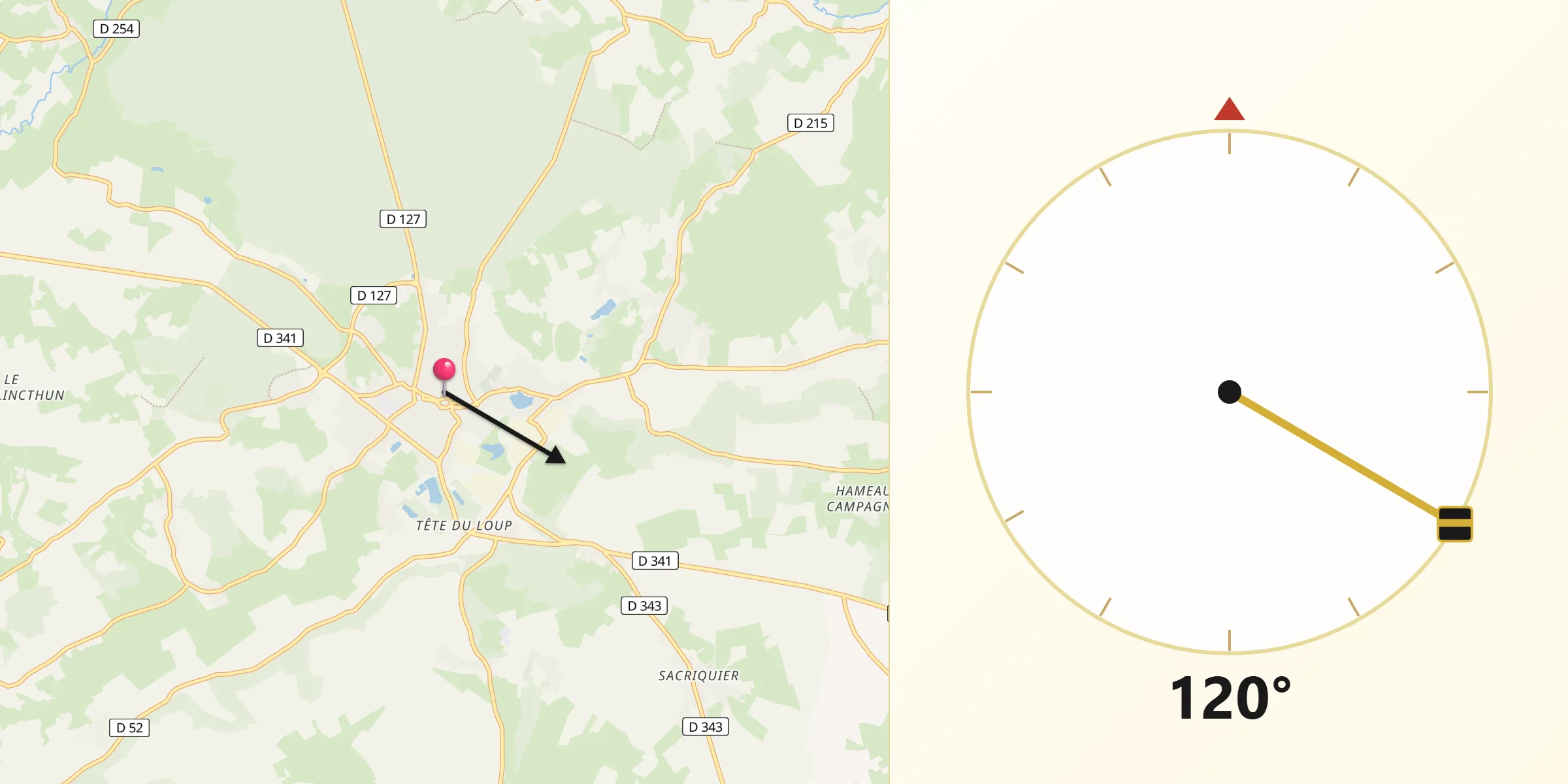 Direction vers la Qibla depuis Desvres