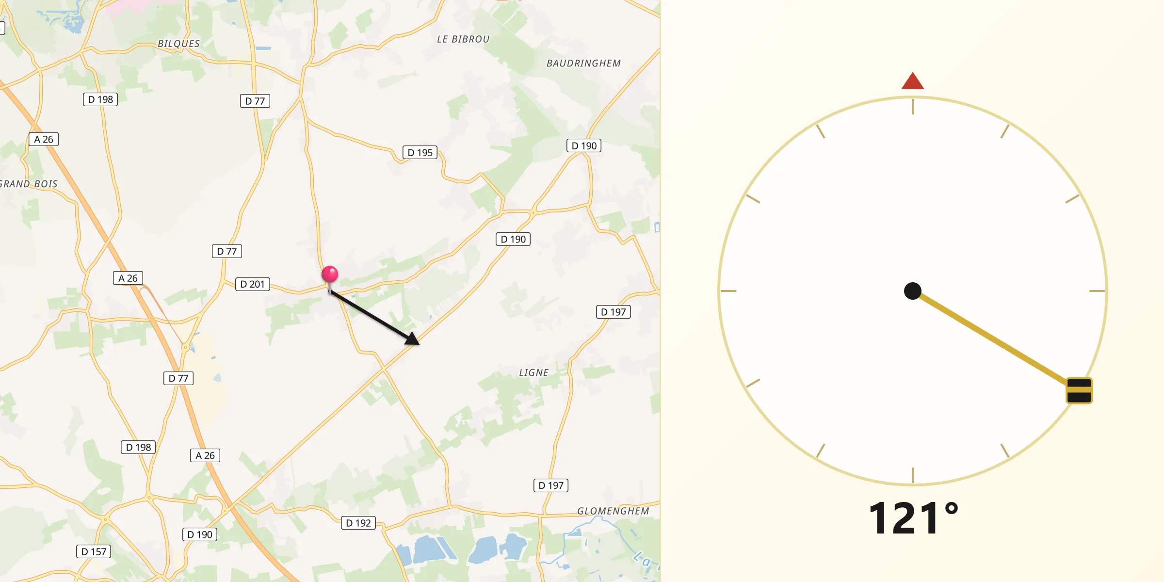 Direction vers la Qibla depuis Ecques