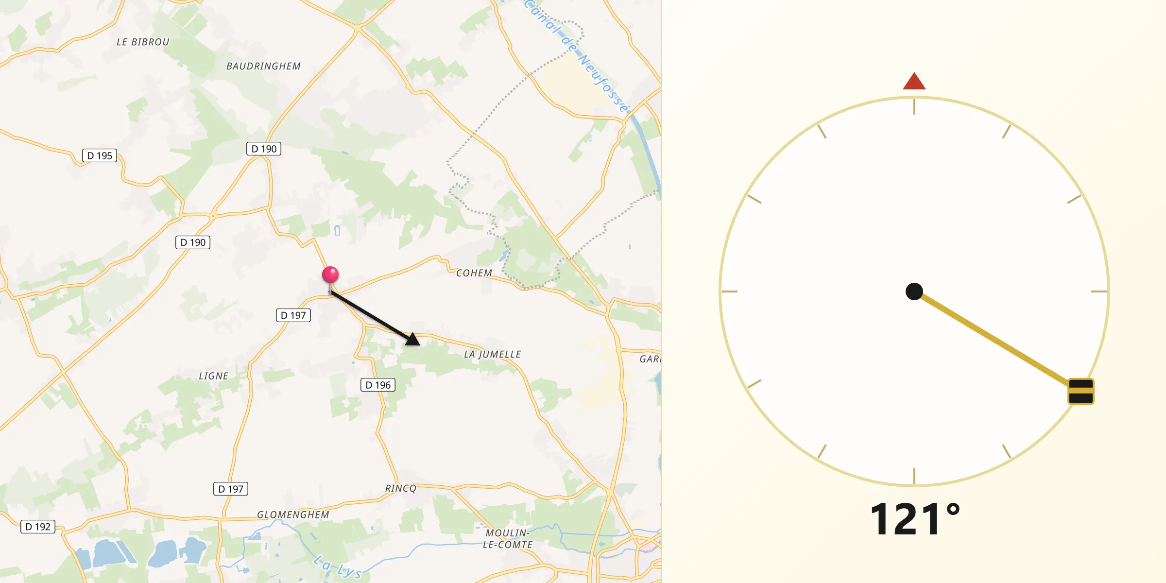 Direction vers la Qibla depuis Roquetoire