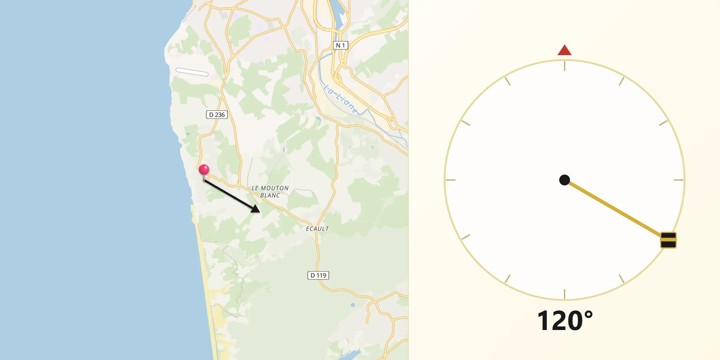 Direction vers la Qibla depuis Équihen-Plage