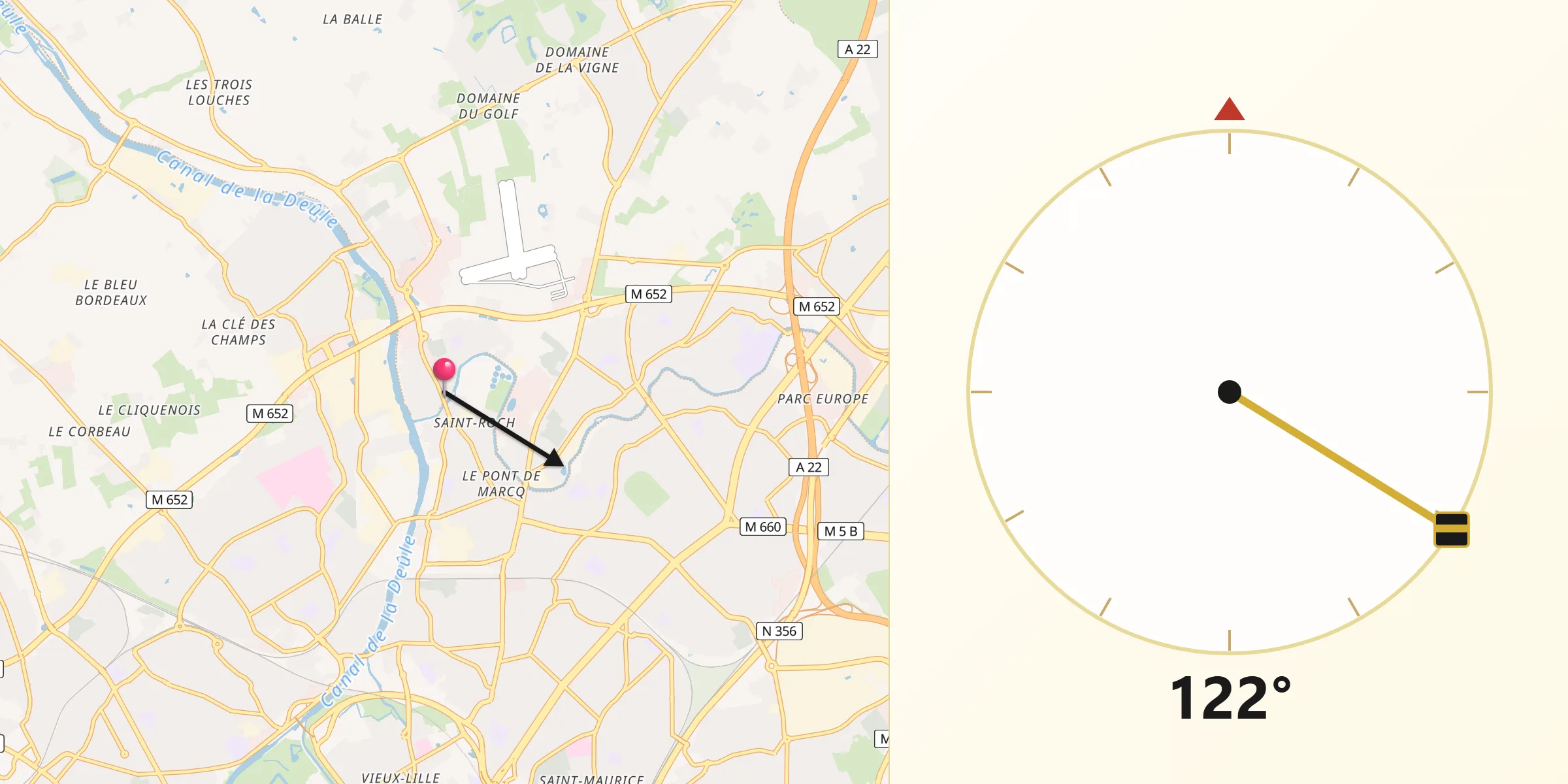 Direction vers la Qibla depuis Marquette-lez-Lille