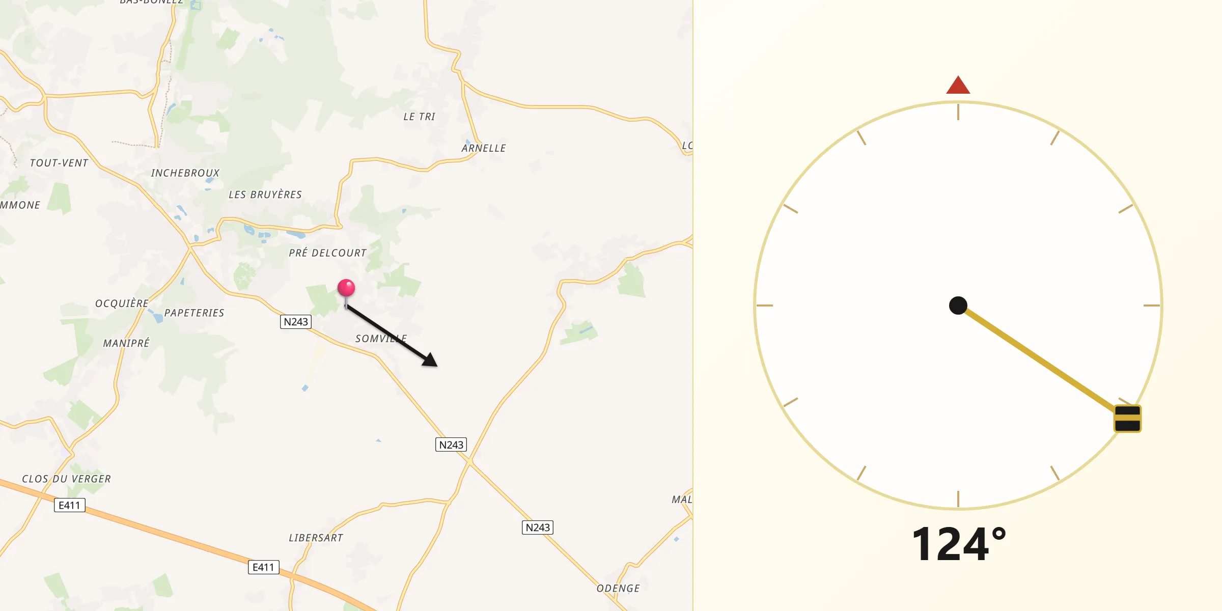 Direction vers la Qibla depuis Chaumont-Gistoux