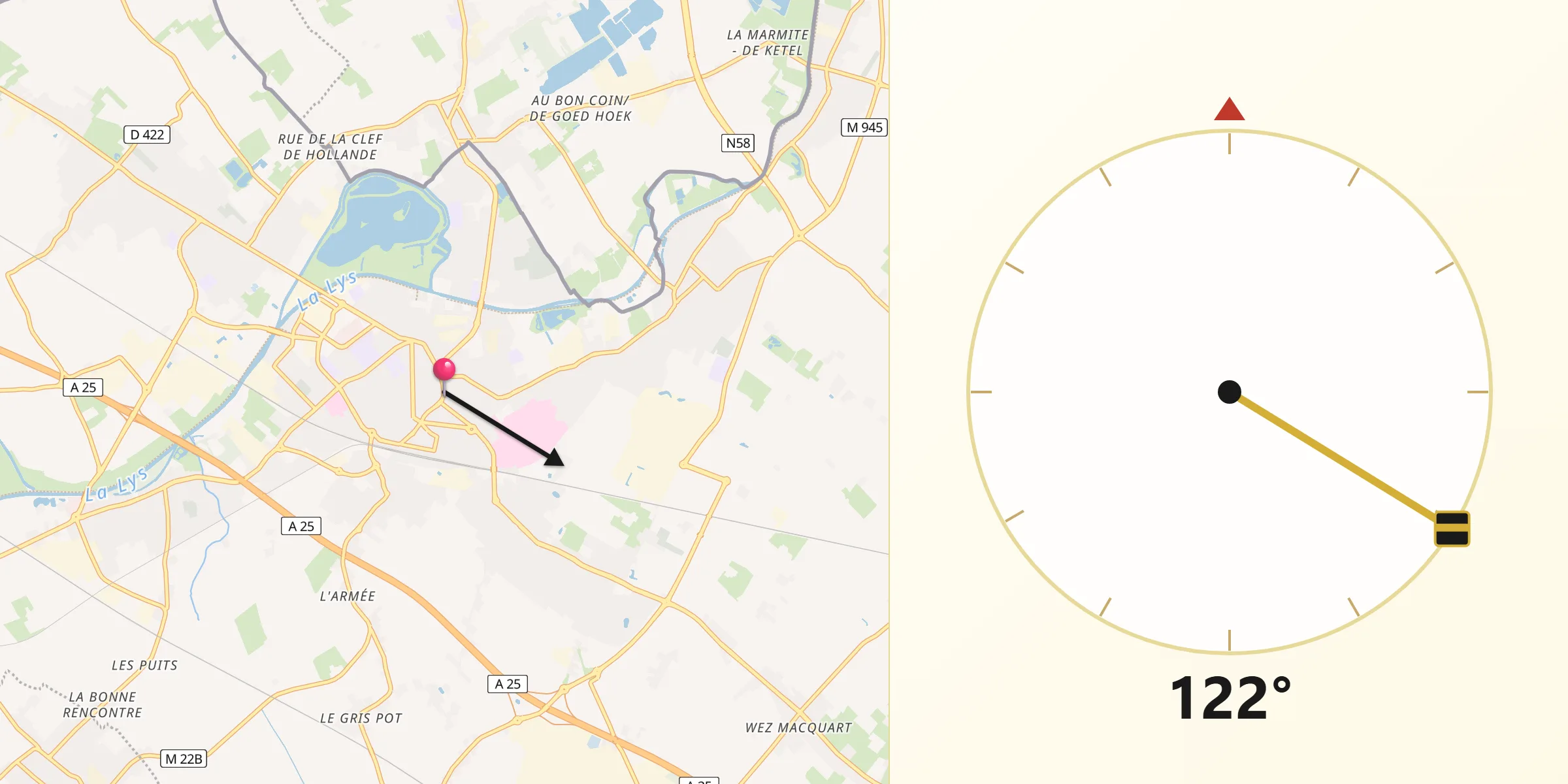 Direction vers la Qibla depuis Armentières