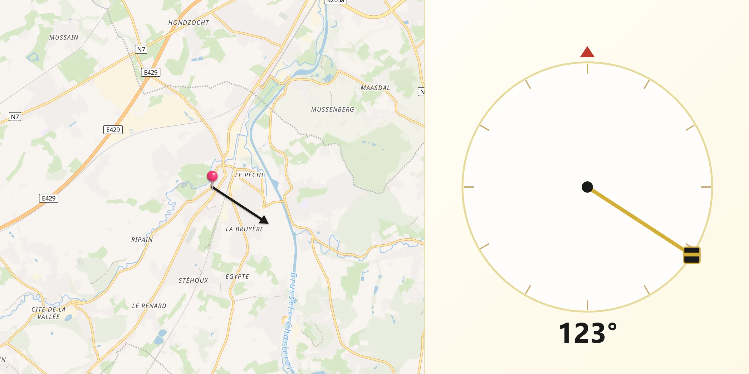 Direction vers la Qibla depuis Tubize