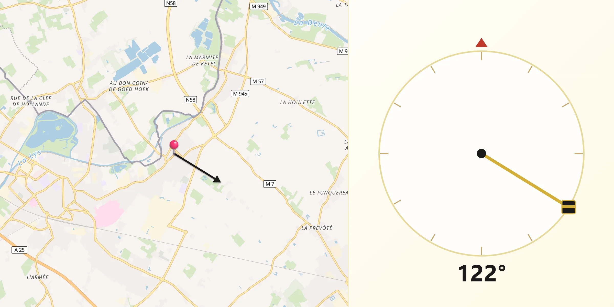 Direction vers la Qibla depuis Houplines