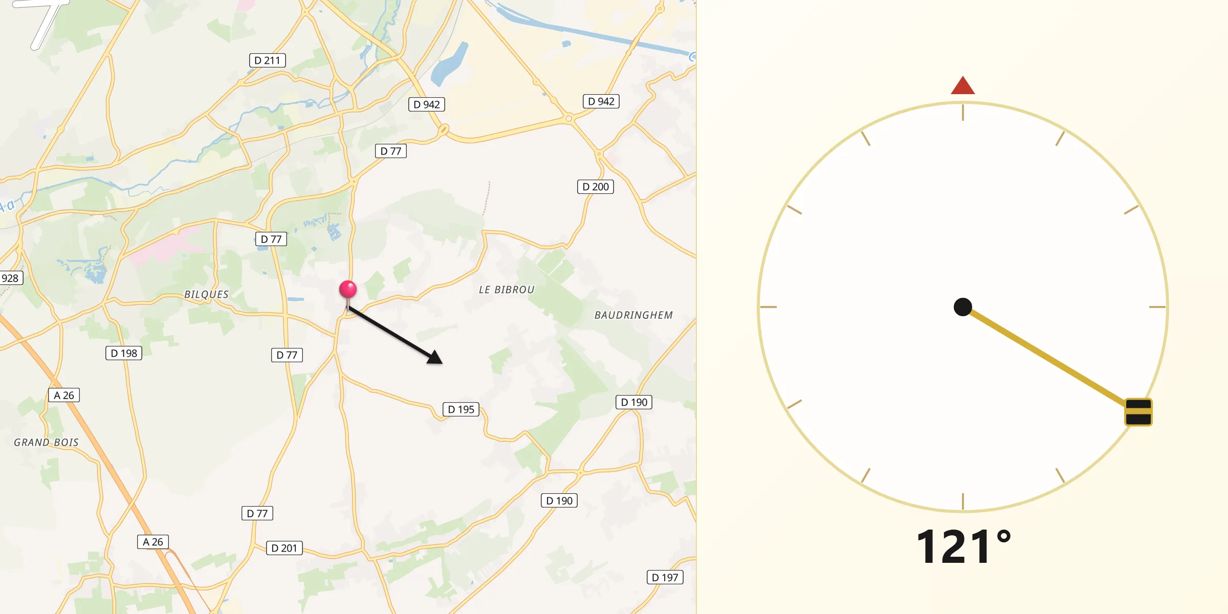 Direction vers la Qibla depuis Heuringhem