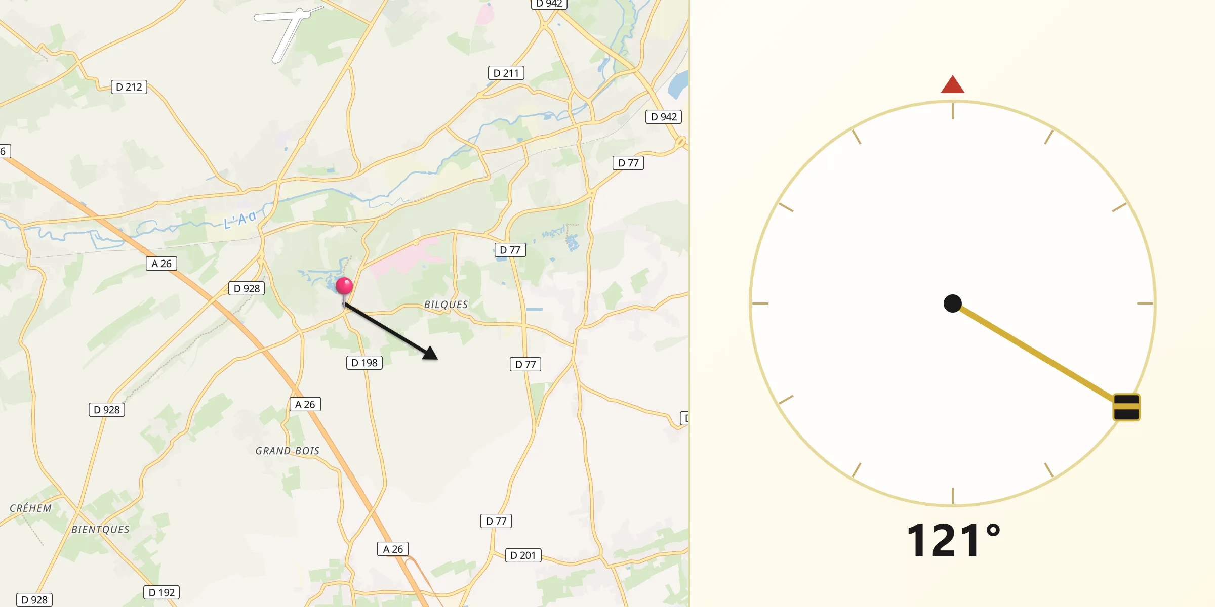 Direction vers la Qibla depuis Helfaut