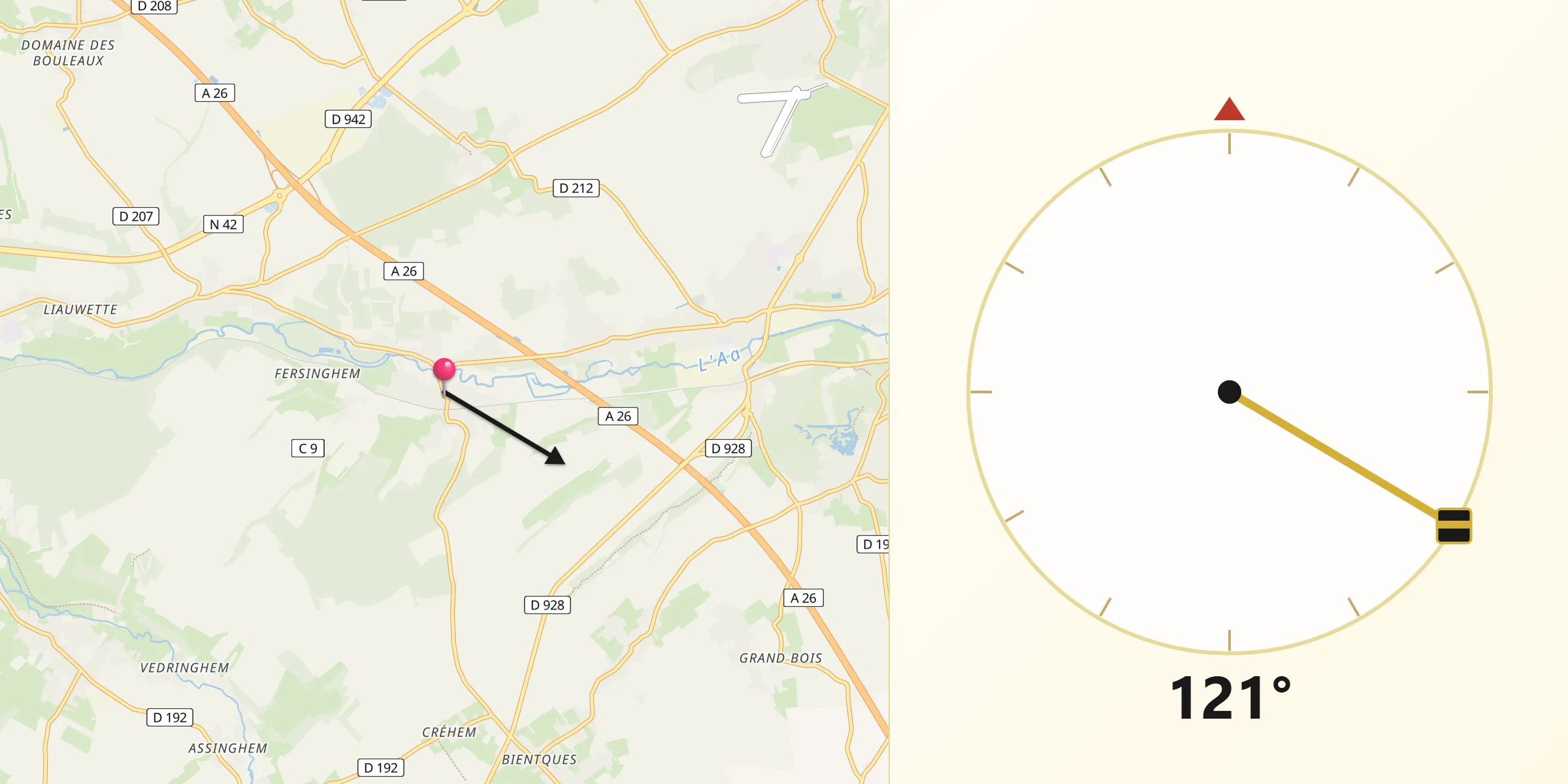 Direction vers la Qibla depuis Esquerdes