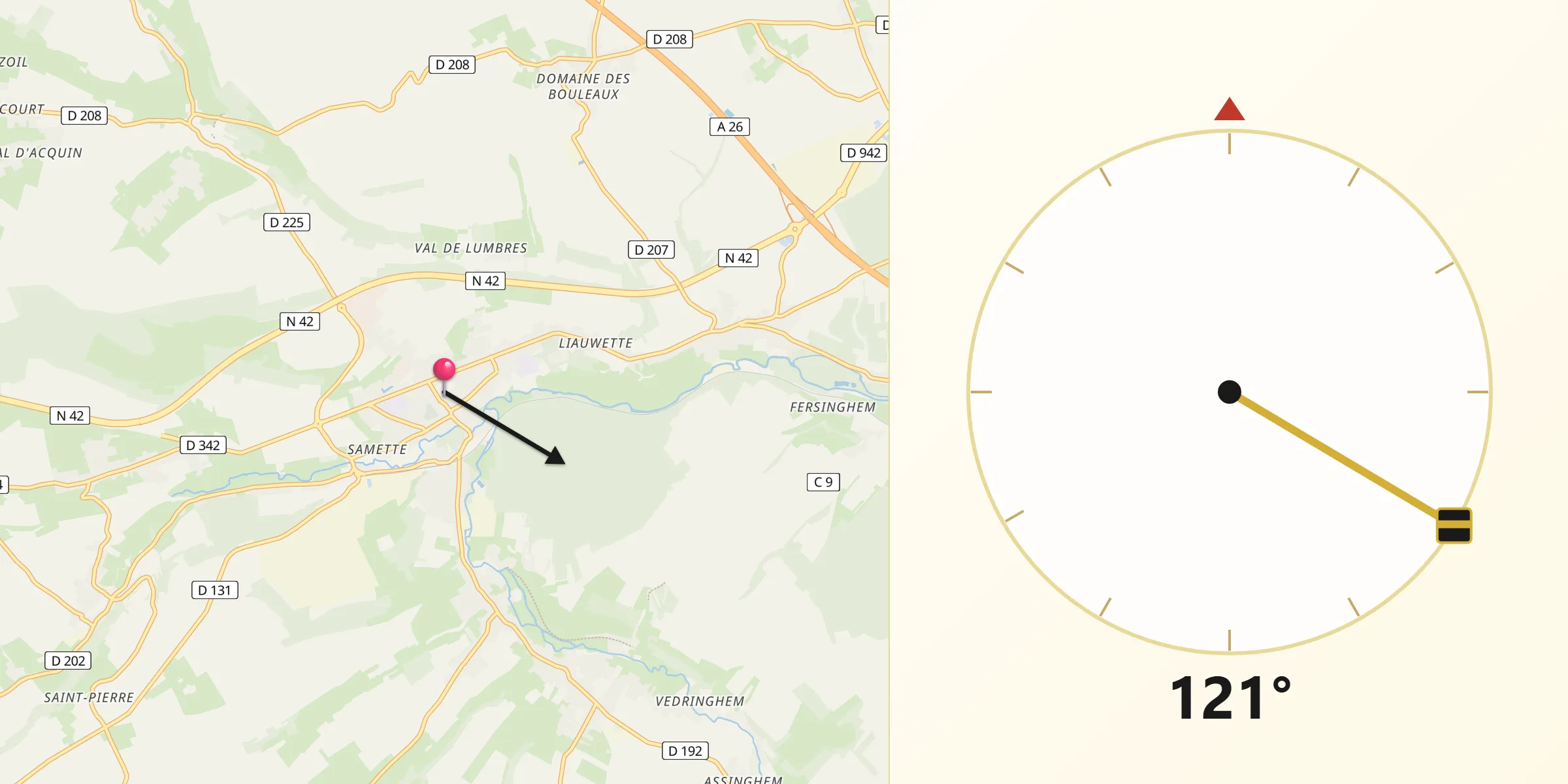 Direction vers la Qibla depuis Lumbres