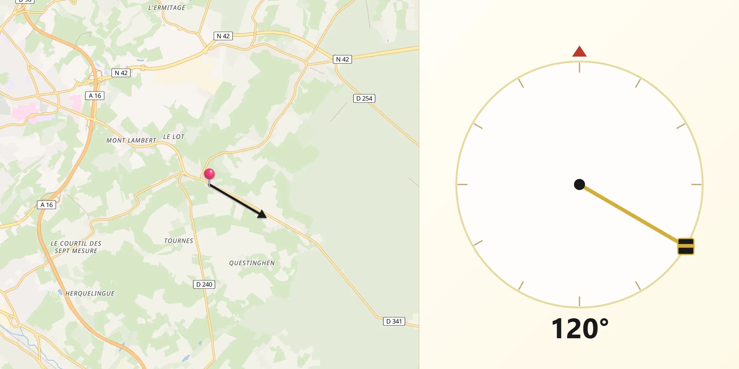 Direction vers la Qibla depuis Baincthun