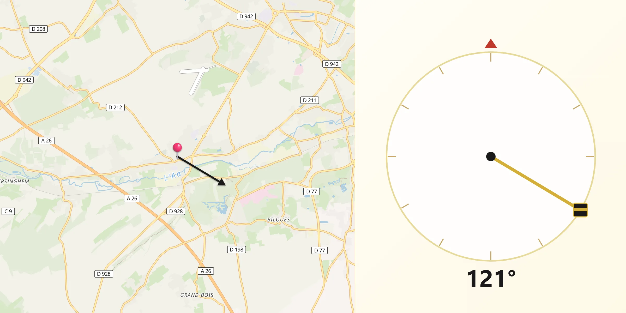 Direction vers la Qibla depuis Hallines