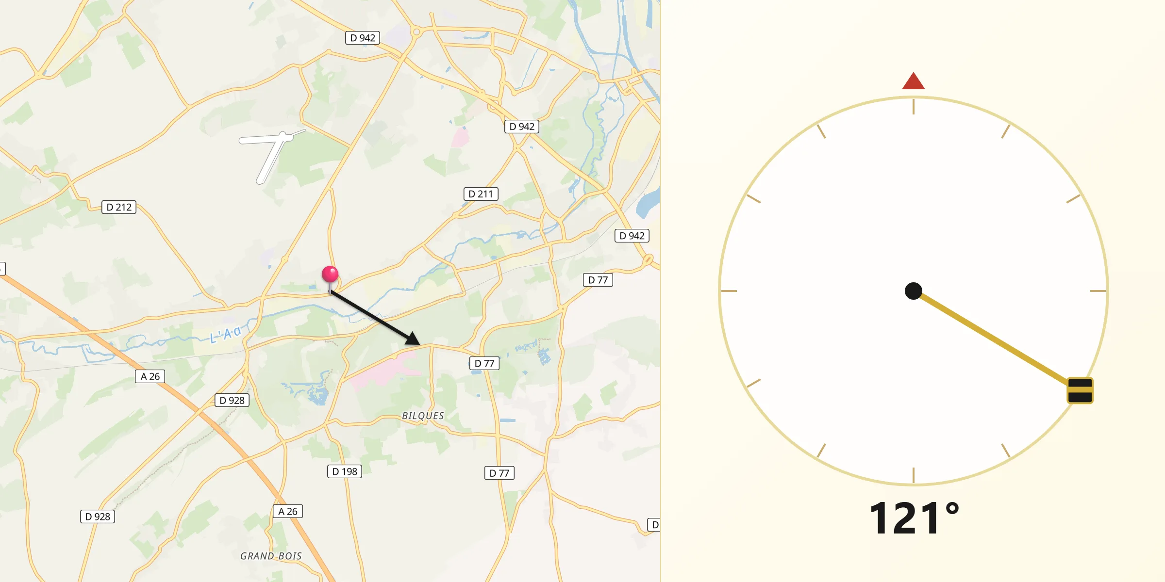 Direction vers la Qibla depuis Wizernes
