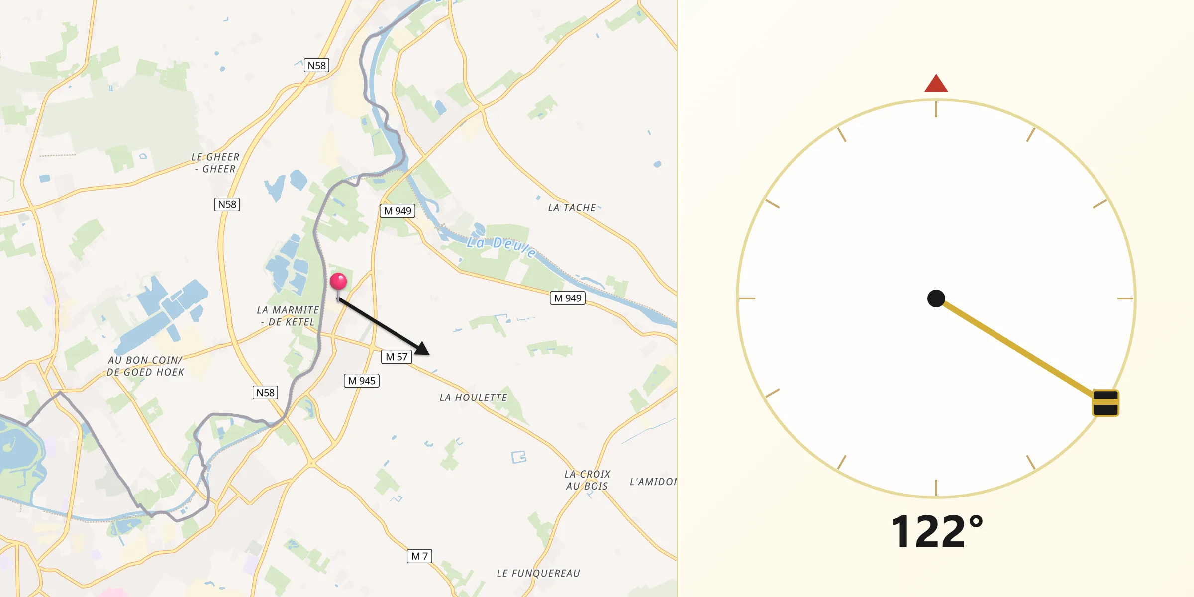 Direction vers la Qibla depuis Frelinghien