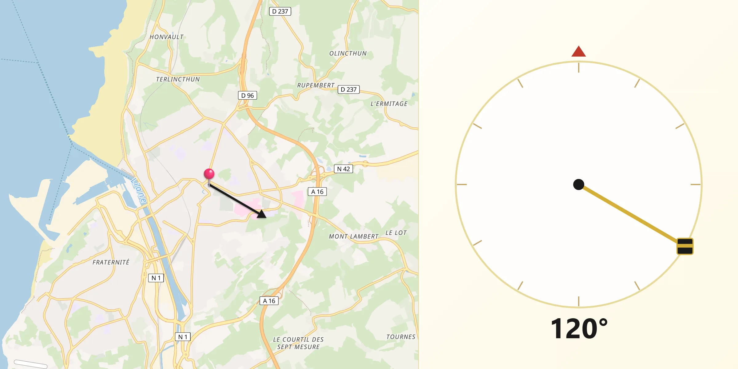 Direction vers la Qibla depuis Saint-Martin-Boulogne