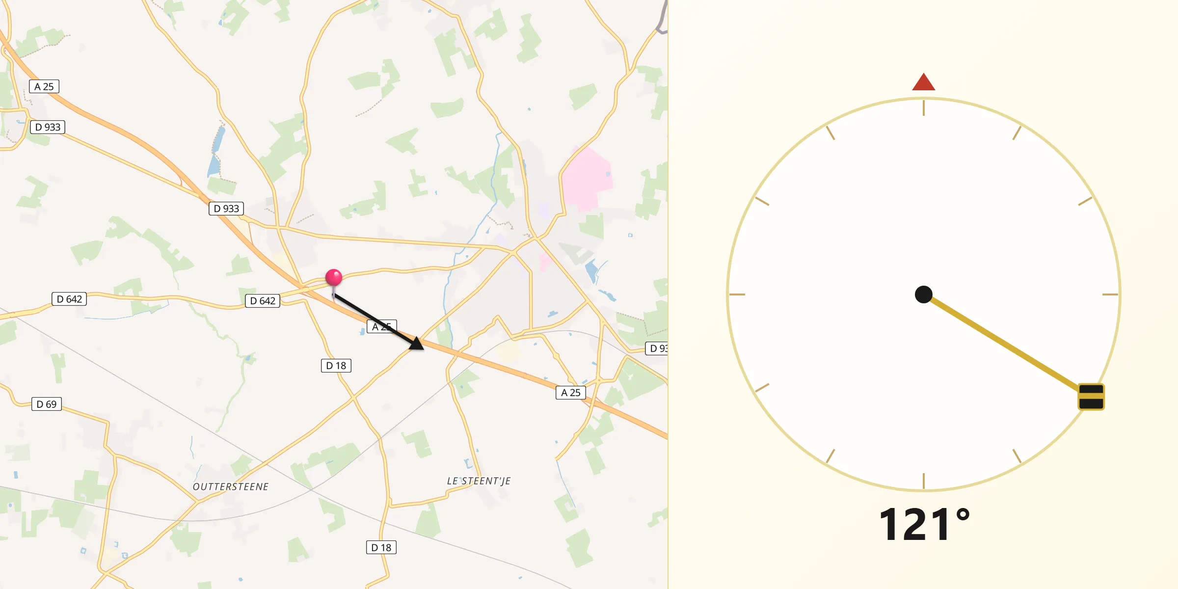 Direction vers la Qibla depuis Méteren