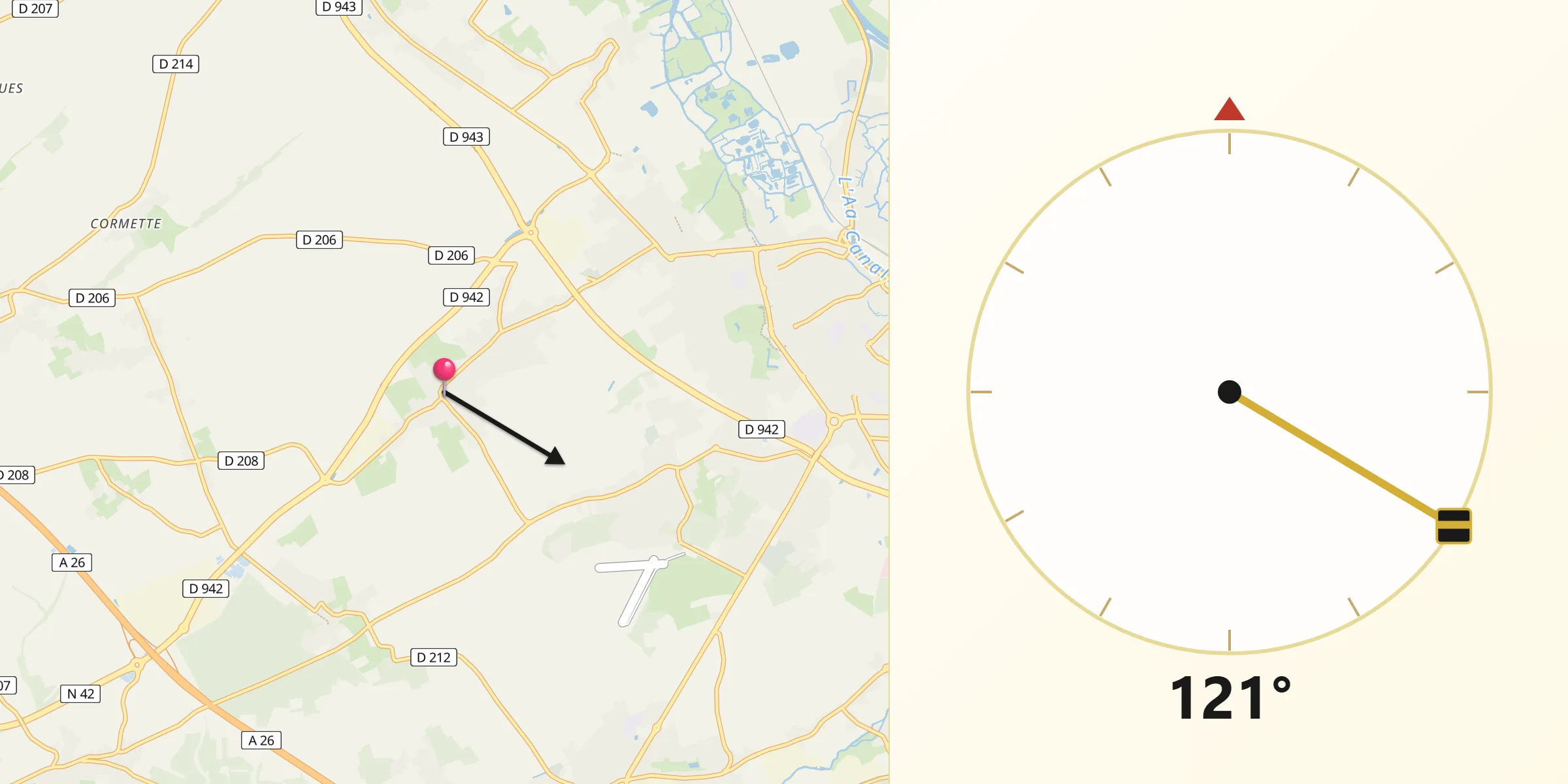 Direction vers la Qibla depuis Tatinghem