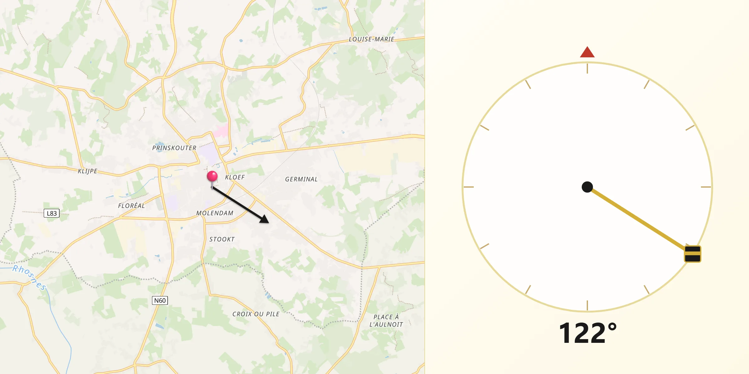 Direction vers la Qibla depuis Renaix