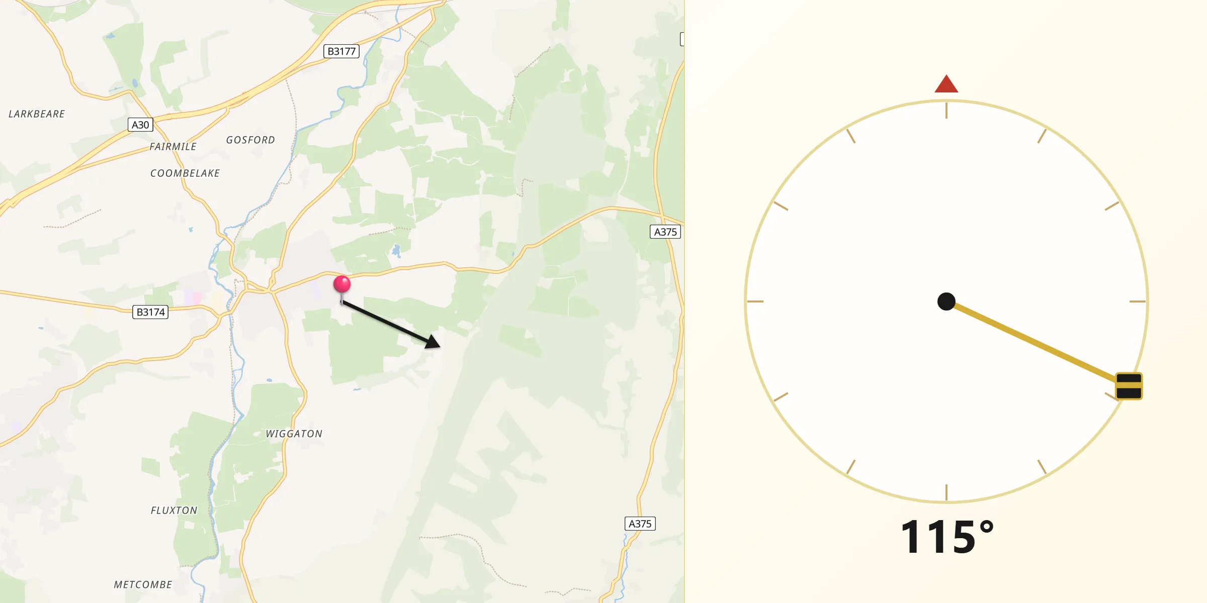 Qibla Direction from Ottery St Mary