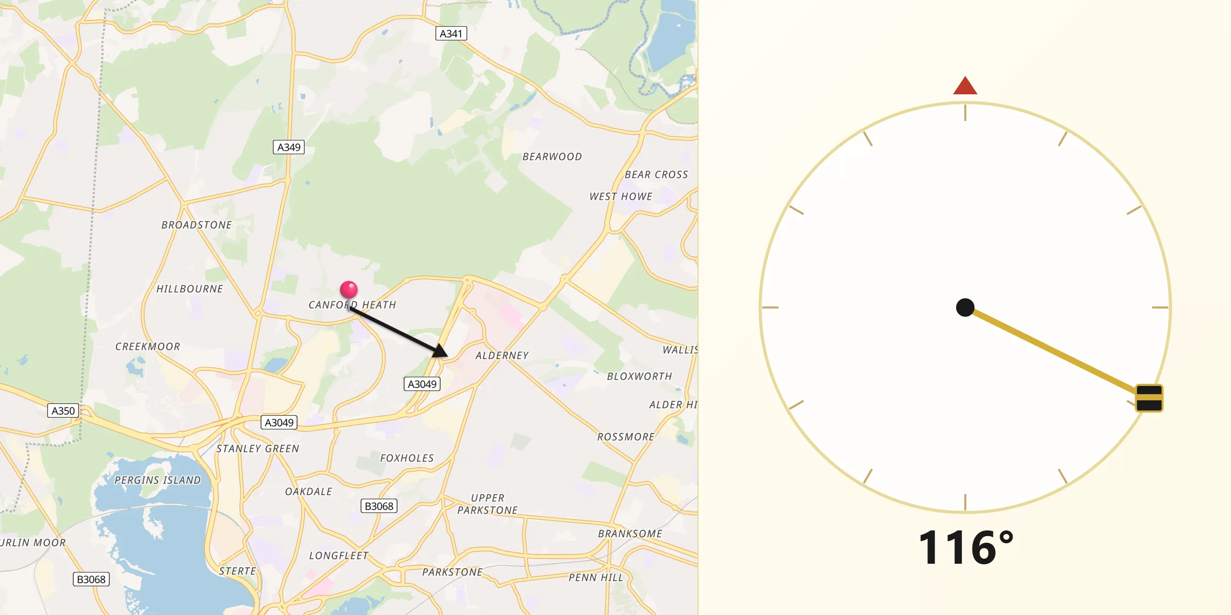 Qibla Direction from Canford Heath