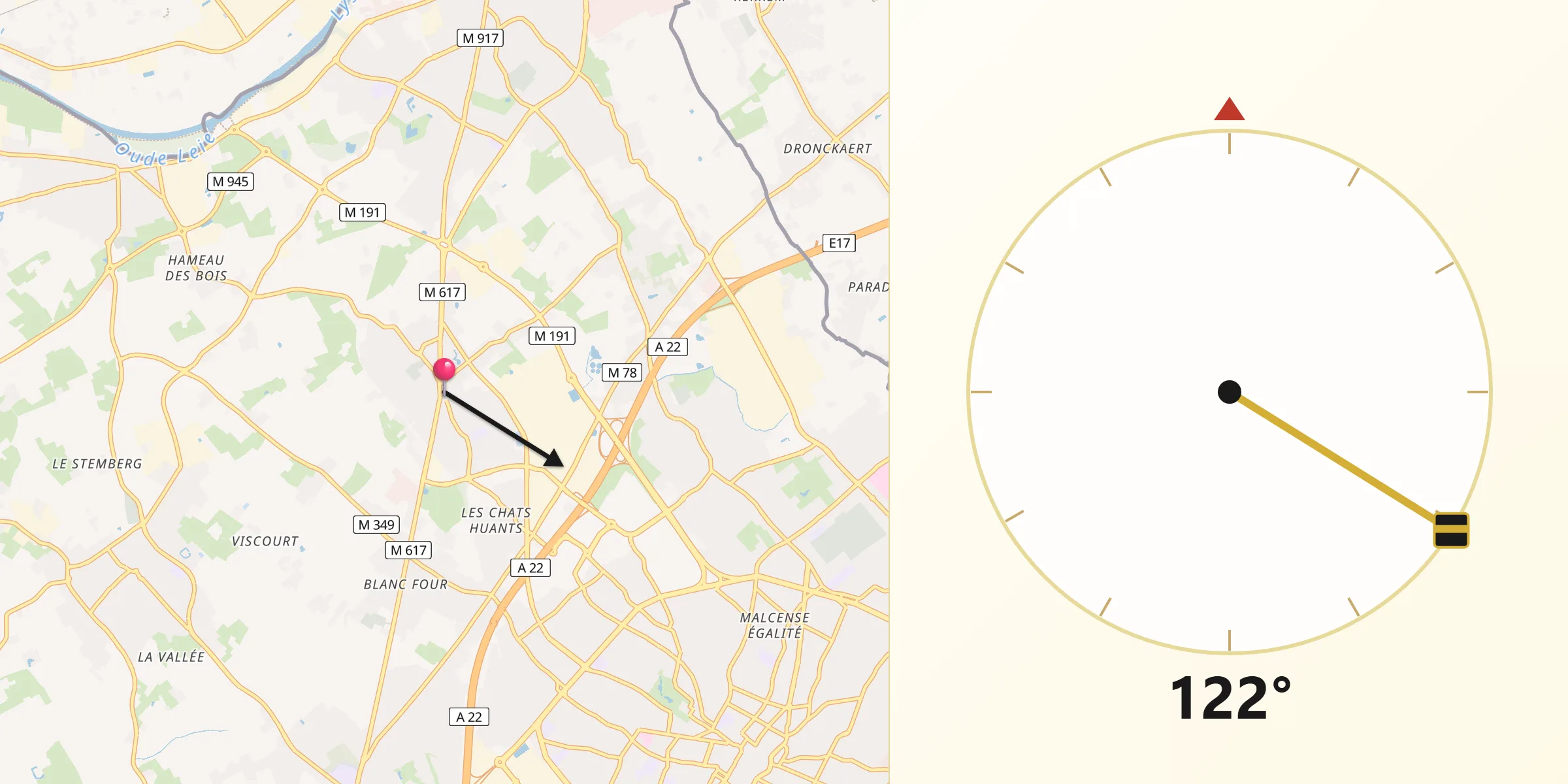 Direction vers la Qibla depuis Roncq