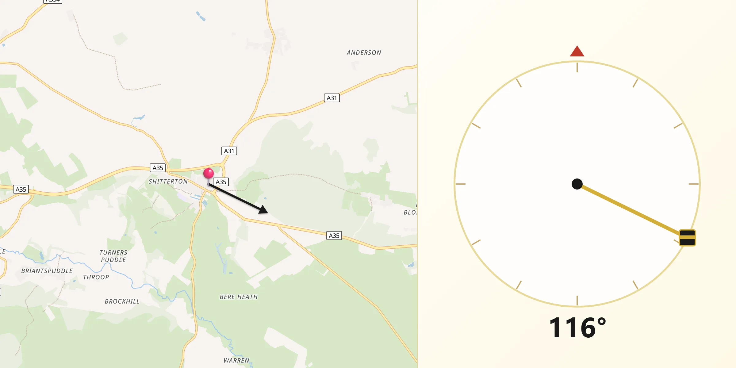 Qibla Direction from Bere Regis