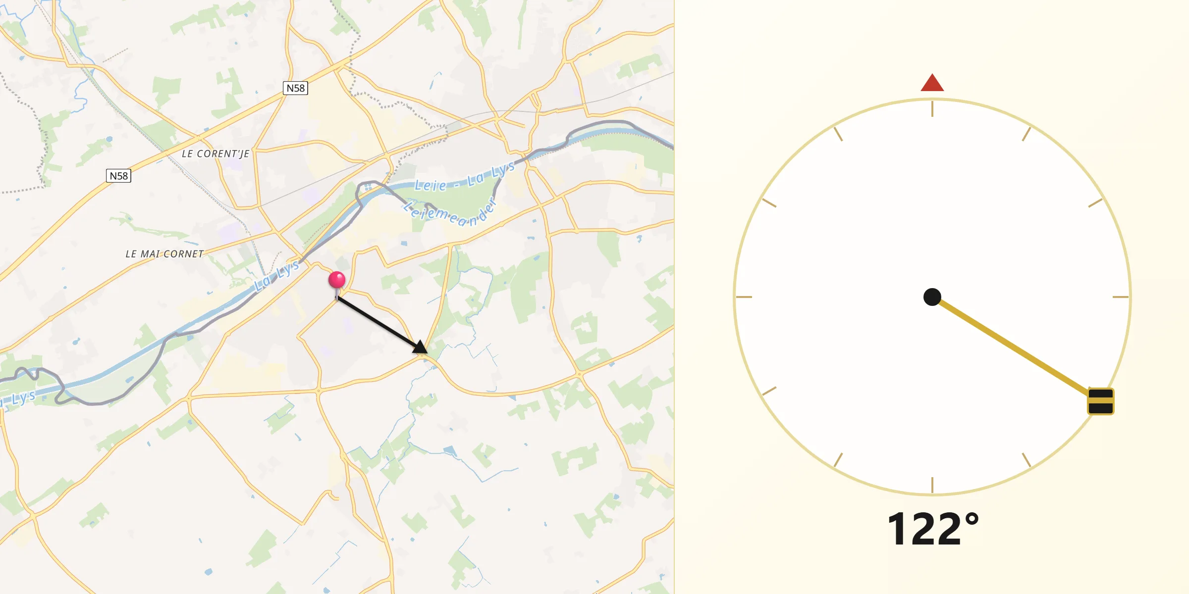 Direction vers la Qibla depuis Comines