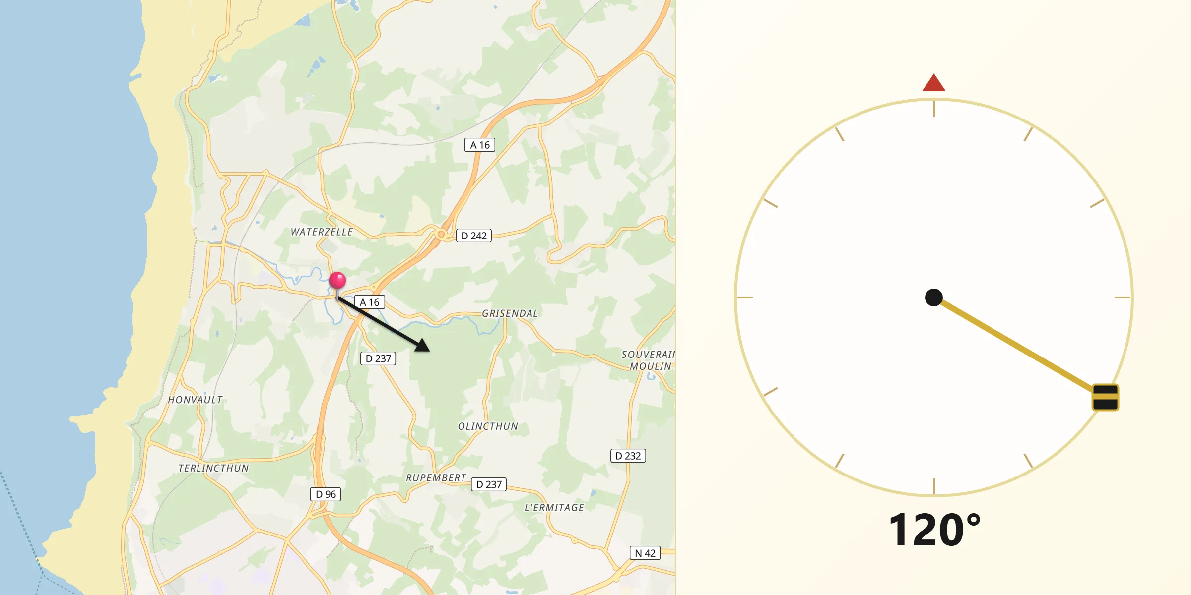 Direction vers la Qibla depuis Wimille