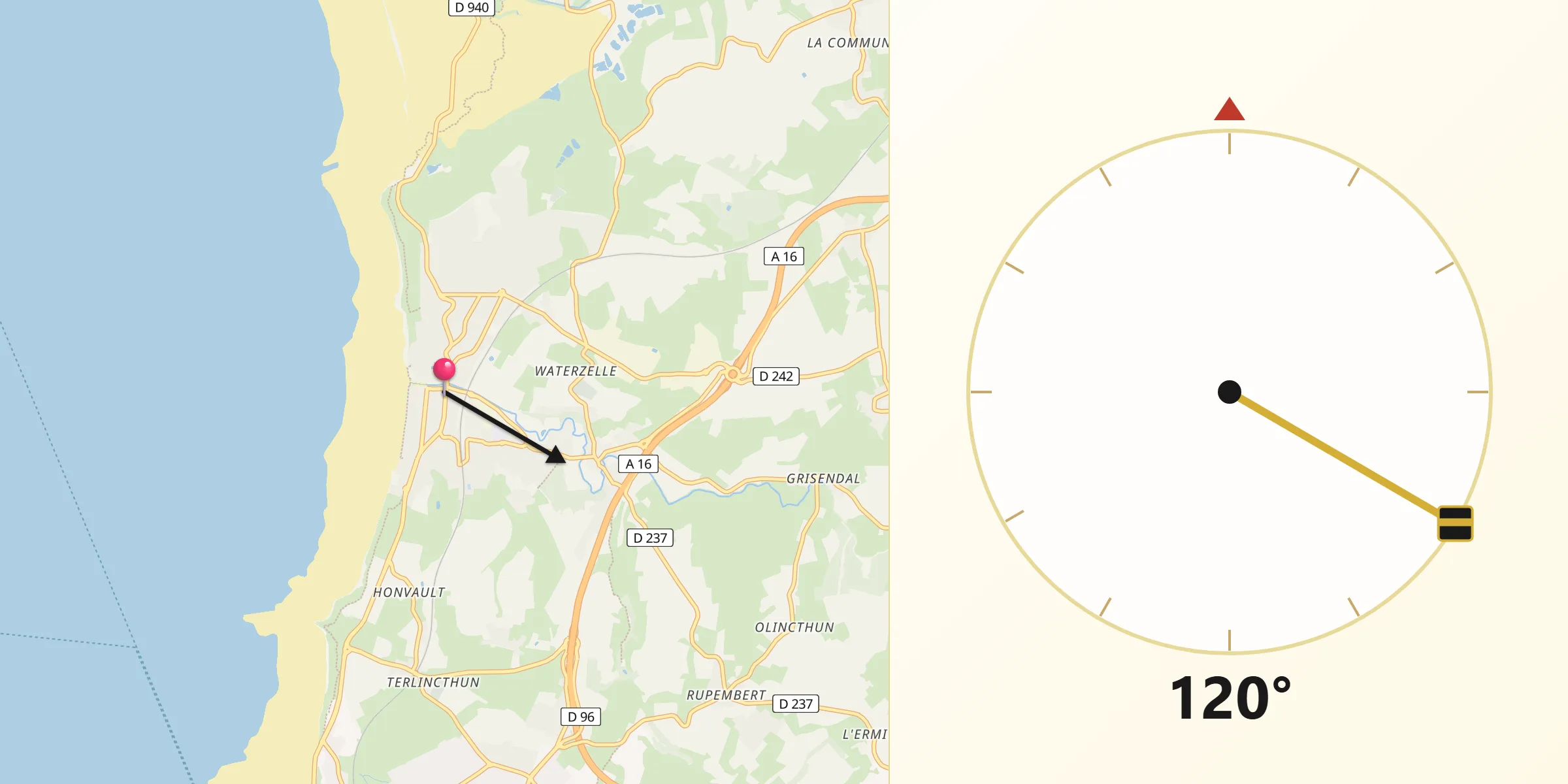 Direction vers la Qibla depuis Wimereux