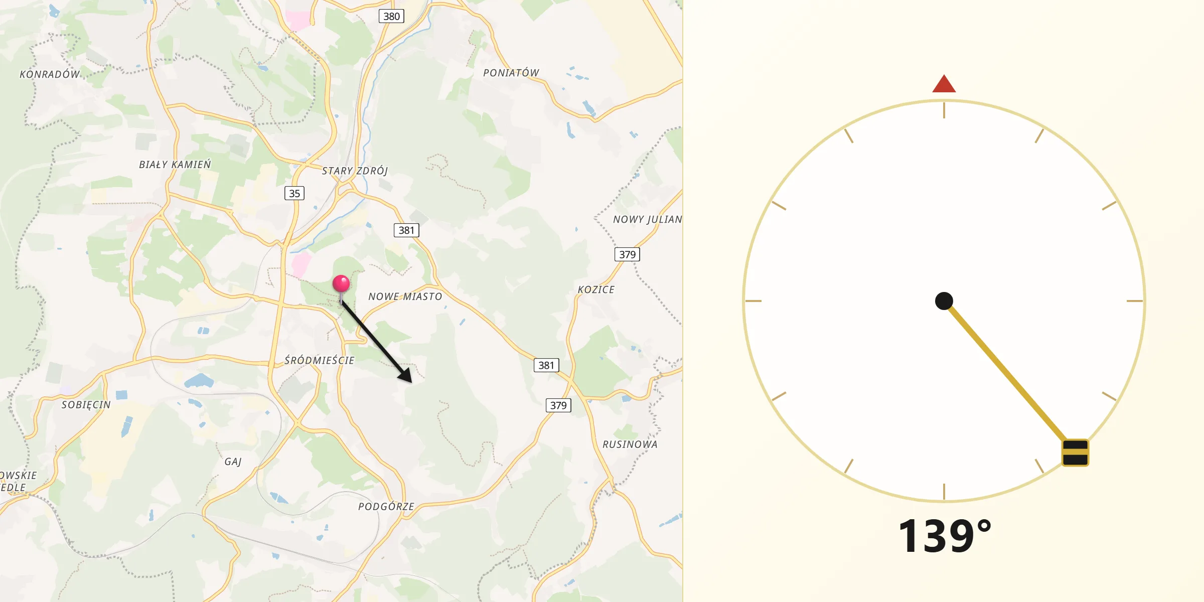 Qibla-Richtung von Waldenburg in Schlesien