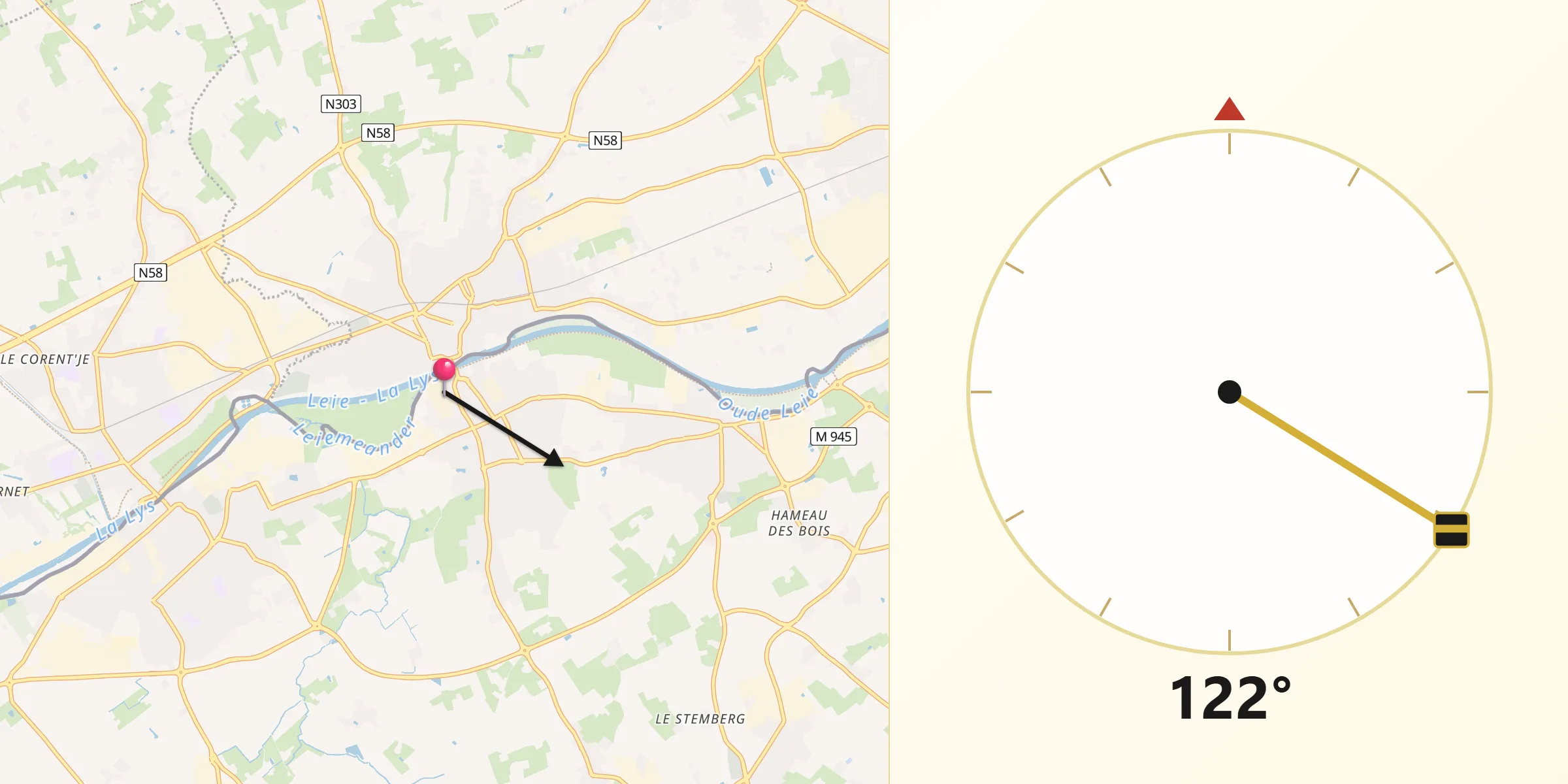 Direction vers la Qibla depuis Wervicq-Sud