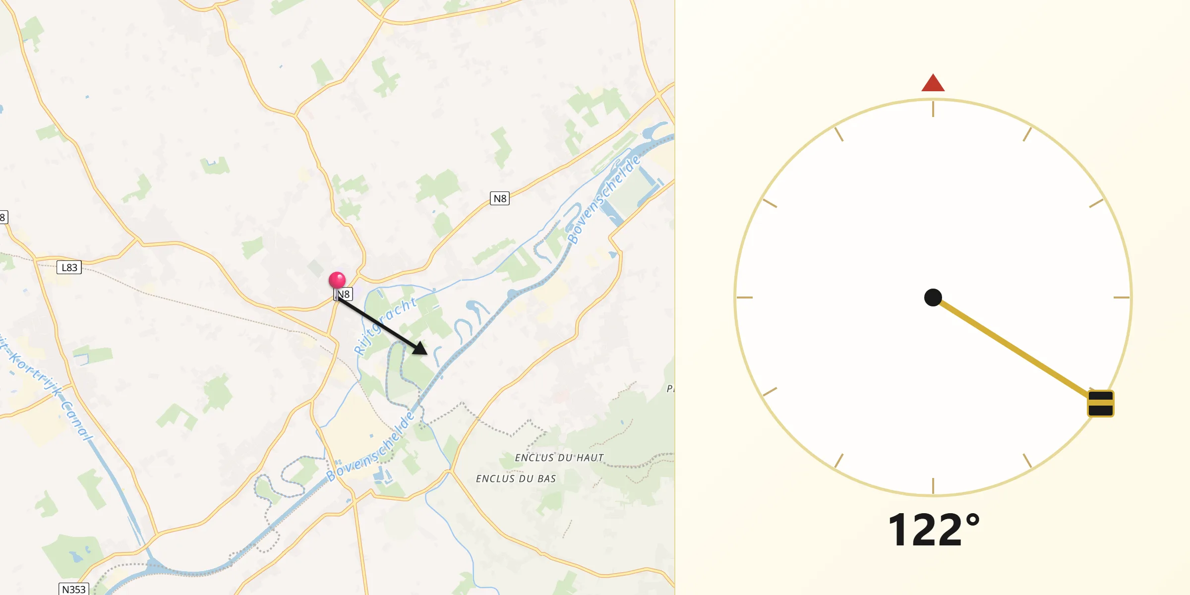 Direction vers la Qibla depuis Avelgem