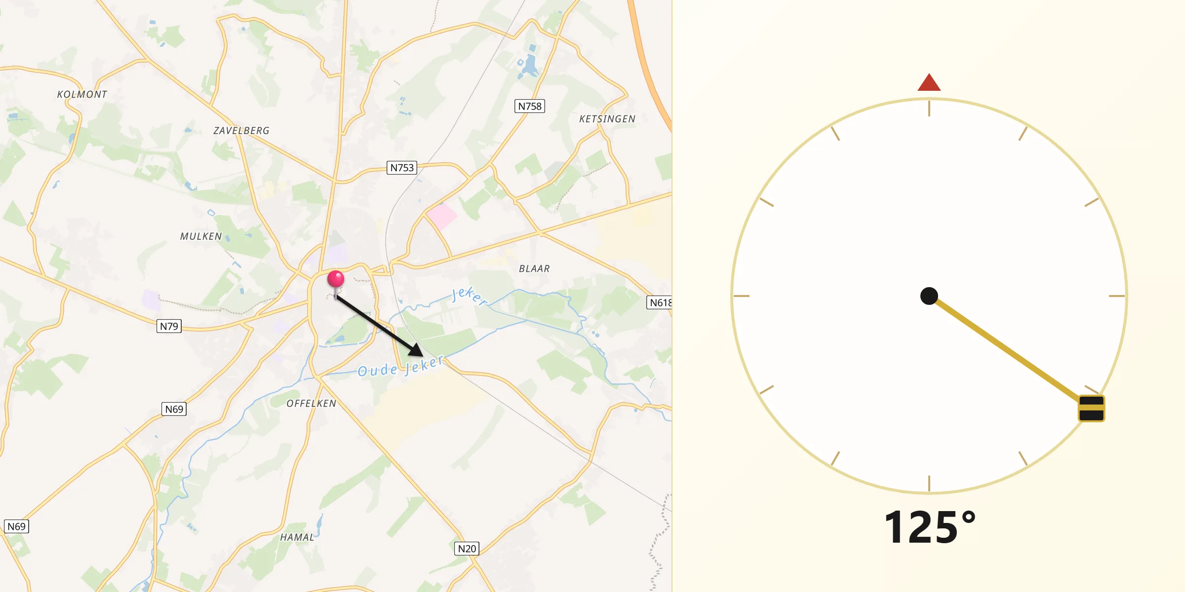 Direction vers la Qibla depuis Tongres