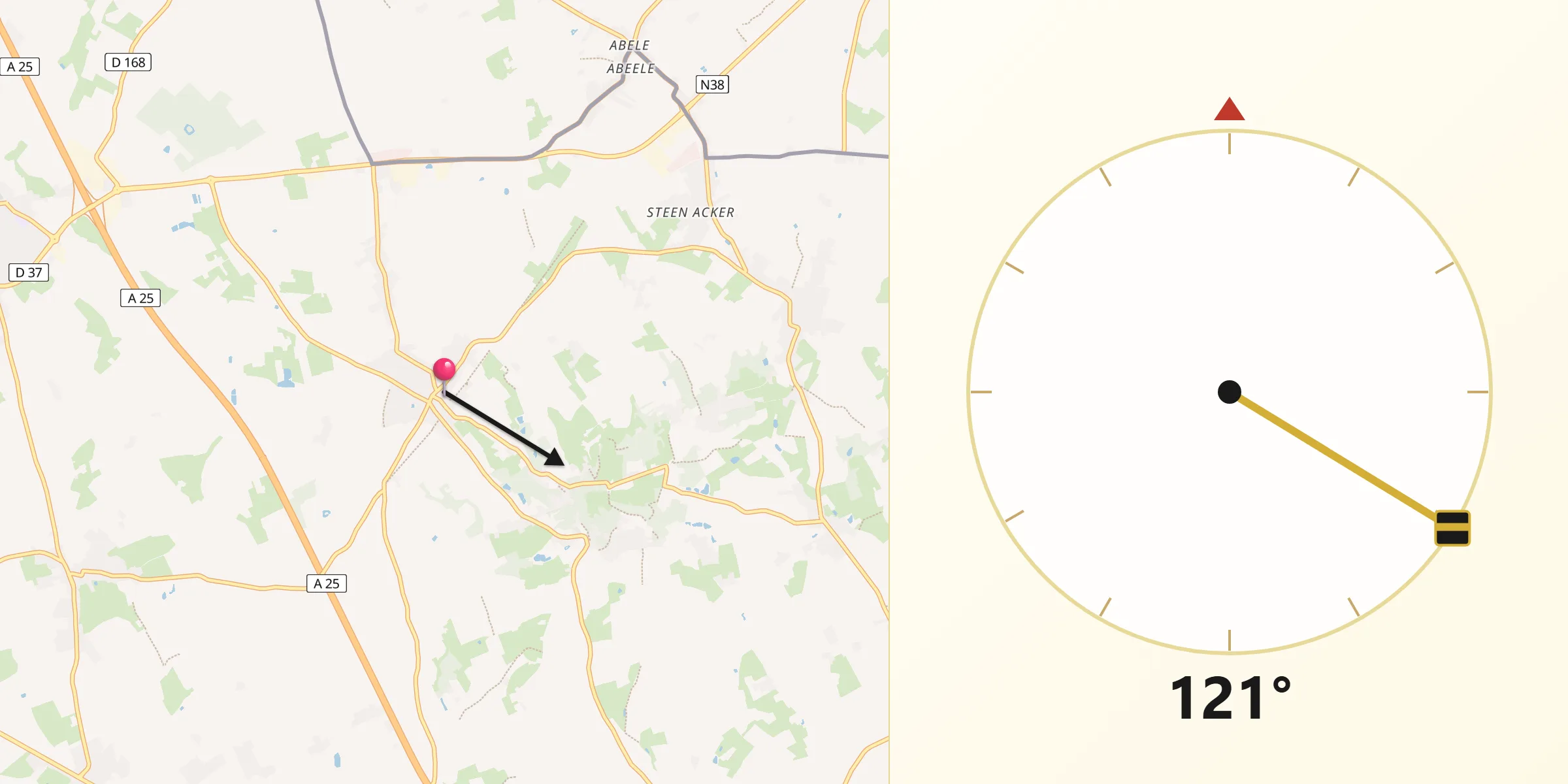 Direction vers la Qibla depuis Godewaersvelde