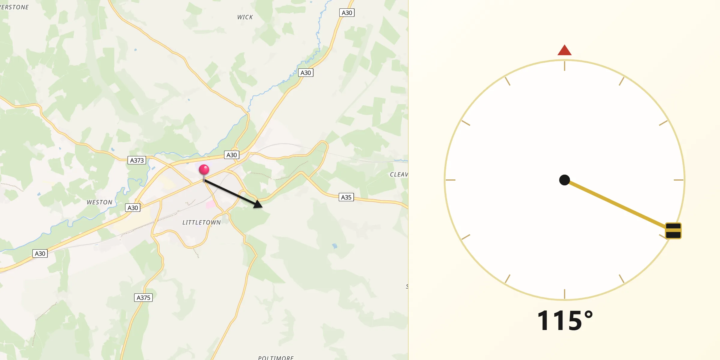Qibla Direction from Honiton