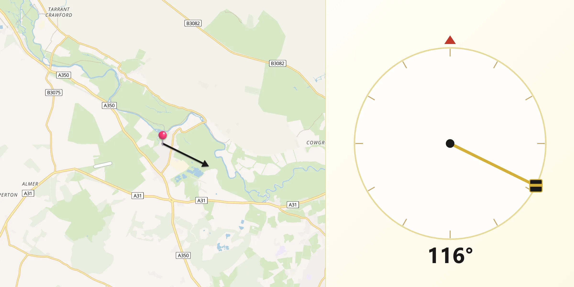 Qibla Direction from Sturminster Marshall