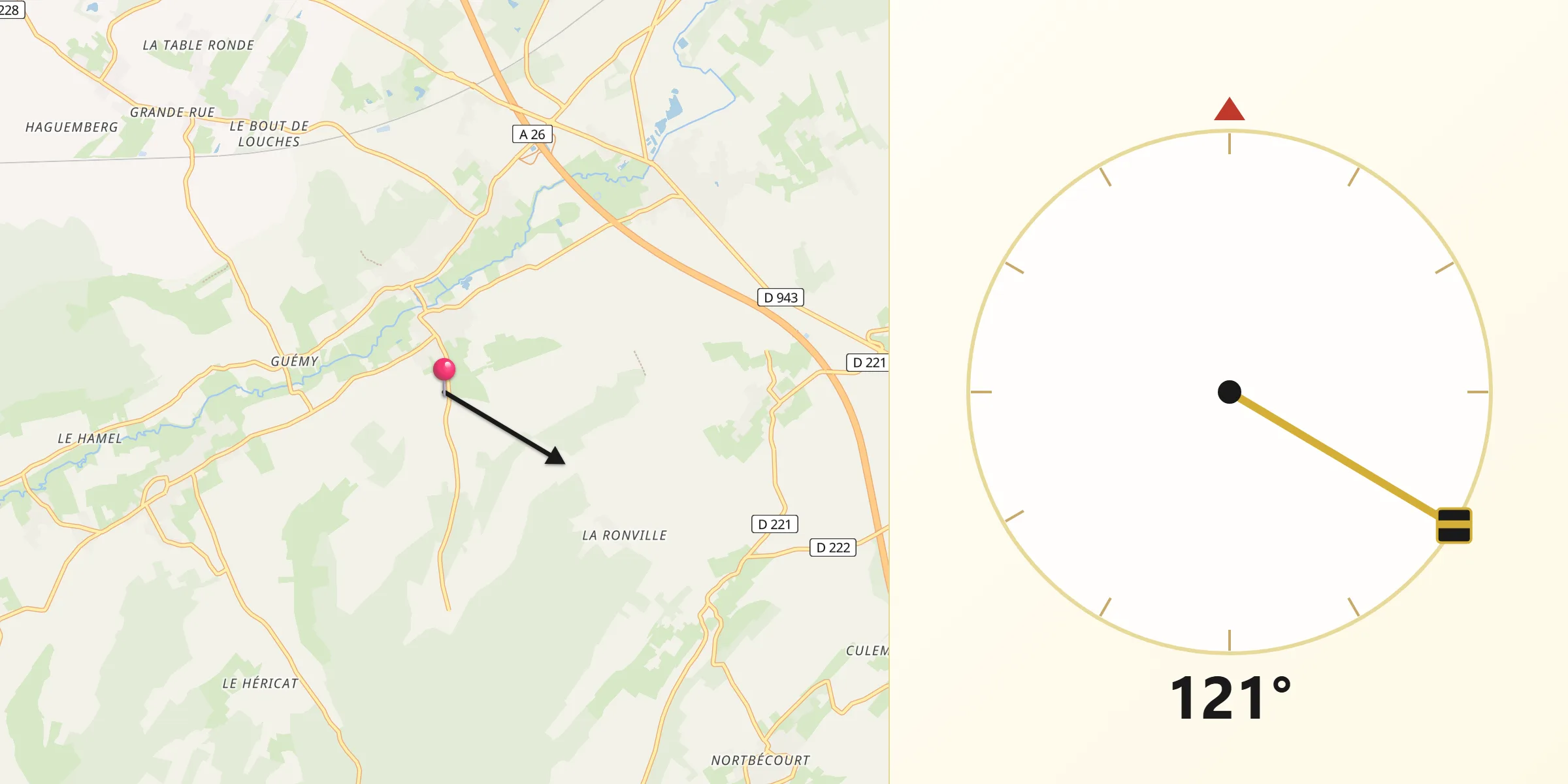 Direction vers la Qibla depuis Tournehem-sur-la-Hem