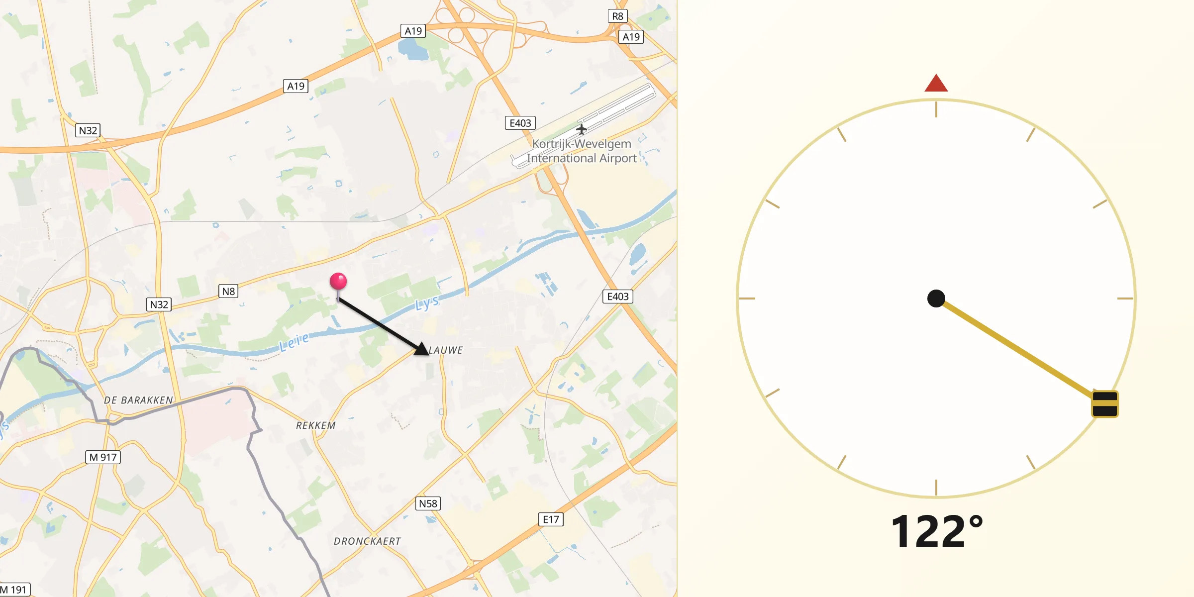 Direction vers la Qibla depuis Wevelgem