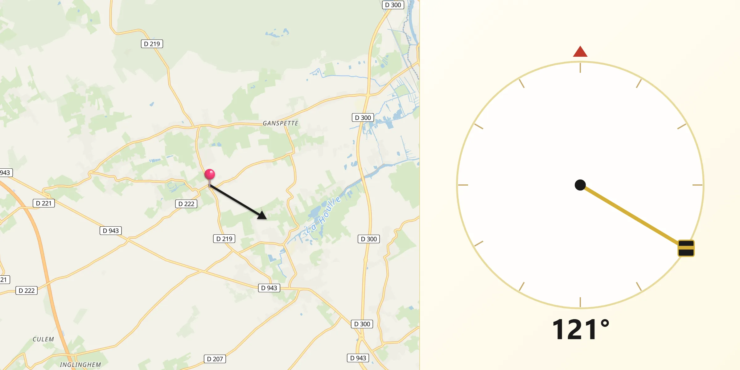 Direction vers la Qibla depuis Éperlecques