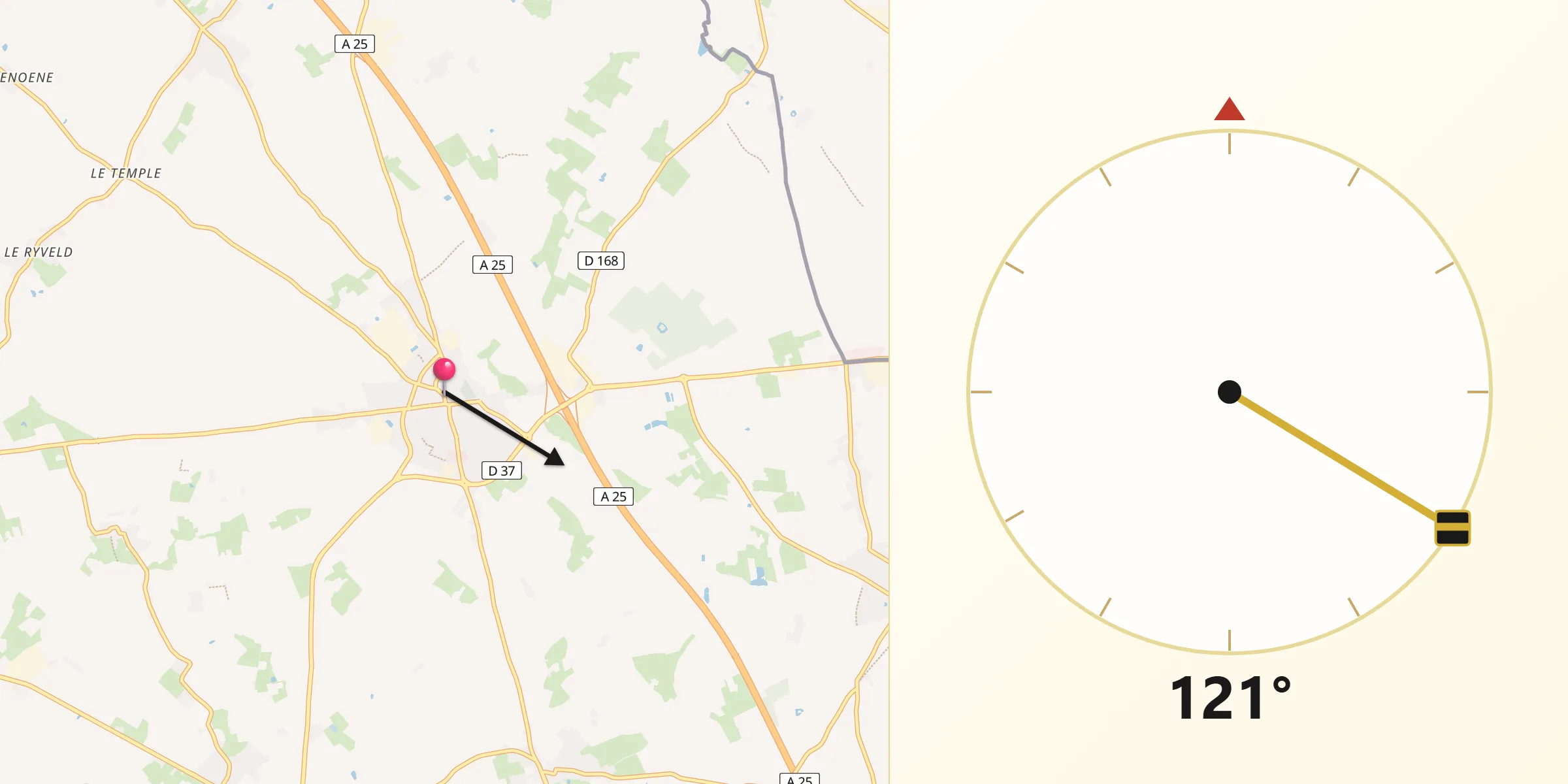 Direction vers la Qibla depuis Steenvoorde